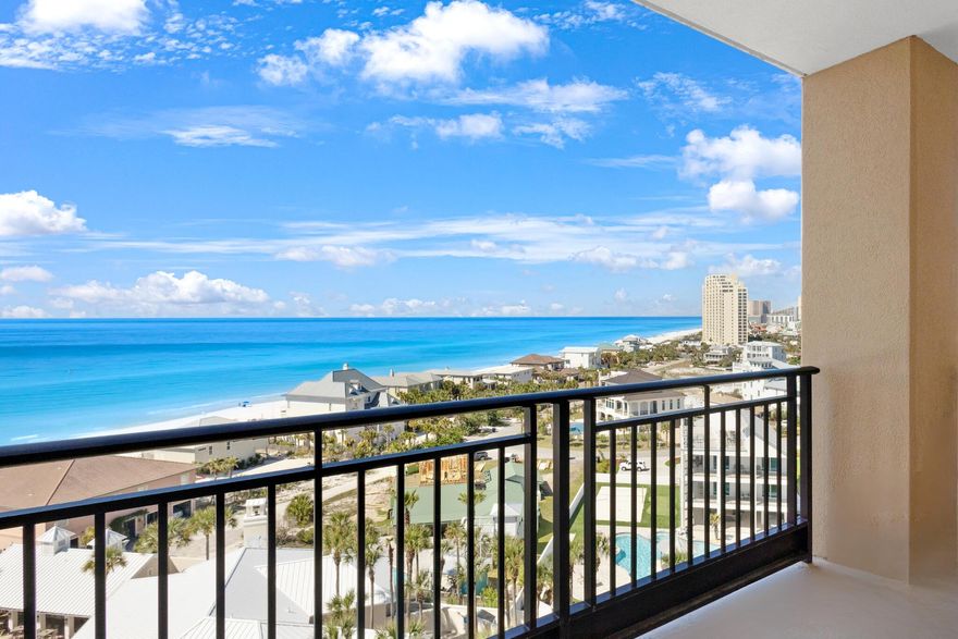Indulge in the ultimate beachfront experience from this exquisite 9th-floor, Westwinds condo, offering breathtaking vistas of the Gulf of Mexico. Your private balcony treats you to mesmerizing sunsets and refreshing sea breezes. Modern conveniences abound, including a wifi-controlled lock system, sleek porcelain plank tile flooring throughout, and contemporary coastal furnishings. For added convenience, a sleeper sofa expands sleeping arrangements without compromising on comfort. Each bedroom is meticulously crafted with floor-to-ceiling windows that frame the stunning beach scenery, while the primary bedroom offers direct access to the balcony. The primary and guest ensuite baths have been elegantly renovated, boasting granite counters and luxurious tiled walk-in showers.