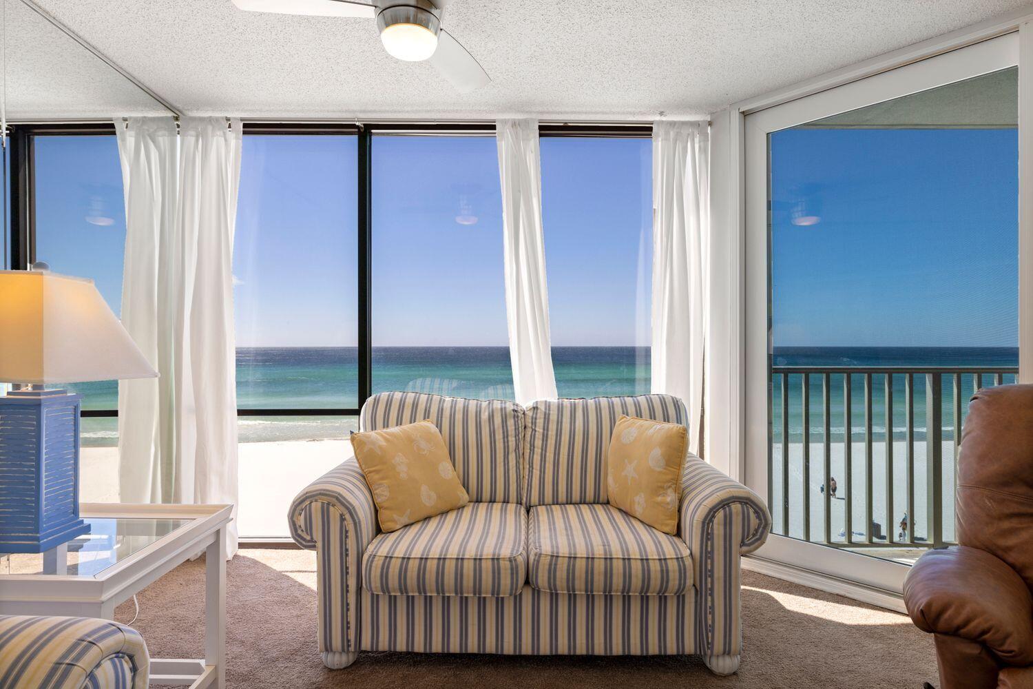 4th floor LOW DENSITY BUILDING! Edgewater GULF FRONT ~ END UNIT ~ Awesome Views ~ Listen to the Waves. 2 Bedroom with 2 Baths in the coveted Edgewater Beach Resort. Living Rm, Dining Rm, and Kitchen all have Gulf Front Views. If you want CONVENIENCE WITH A VIEW, this is a MUST SEE! If you want amenities... Enjoy Private Beach Access, Tropical Pools, Huge lagoon pool, Hot Tubs, Sun Decks, Owners Only Entrance, On-site Oceans Restaurant, Poolside Bar, Edgie's Market, Pizza Shop. Kids Club with Splash Pad & Activities. Owners play unlimited Golf, Tennis, Pickleball, Shuffleboard. Gym & Salon Services. Gated Entrances, 24-hr Security. Walk to dining, entertainment, shopping across street