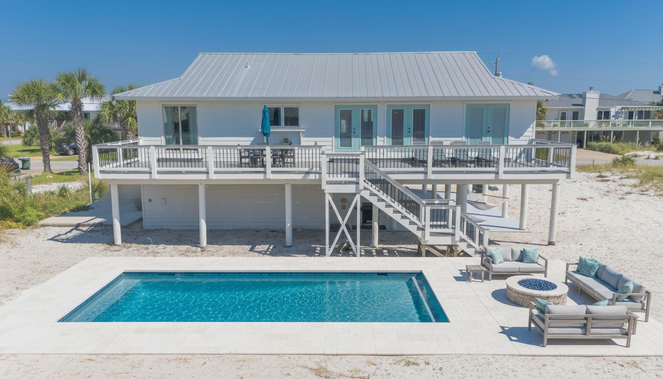 Step into this beautifully appointed 3-bedroom, 2-bath coastal haven--plus a flexible bonus area--nestled just one street back from the Gulf. The heart of the home features a well-designed kitchen with an island for casual dining, a chic high-end gas range, and an adjacent dining space perfect for shared meals and game nights.Sliding barn doors throughout lend rustic charm, while the living area invites relaxation with a generous sectional and comfortable seating. The primary suite offers both a king bed and crib, with an en suite bath and standalone shower. Two additional bedrooms also feature king-size beds, and the bonus zone includes a queen Murphy bed--ideal as a guest area, home office, or fitness nook.