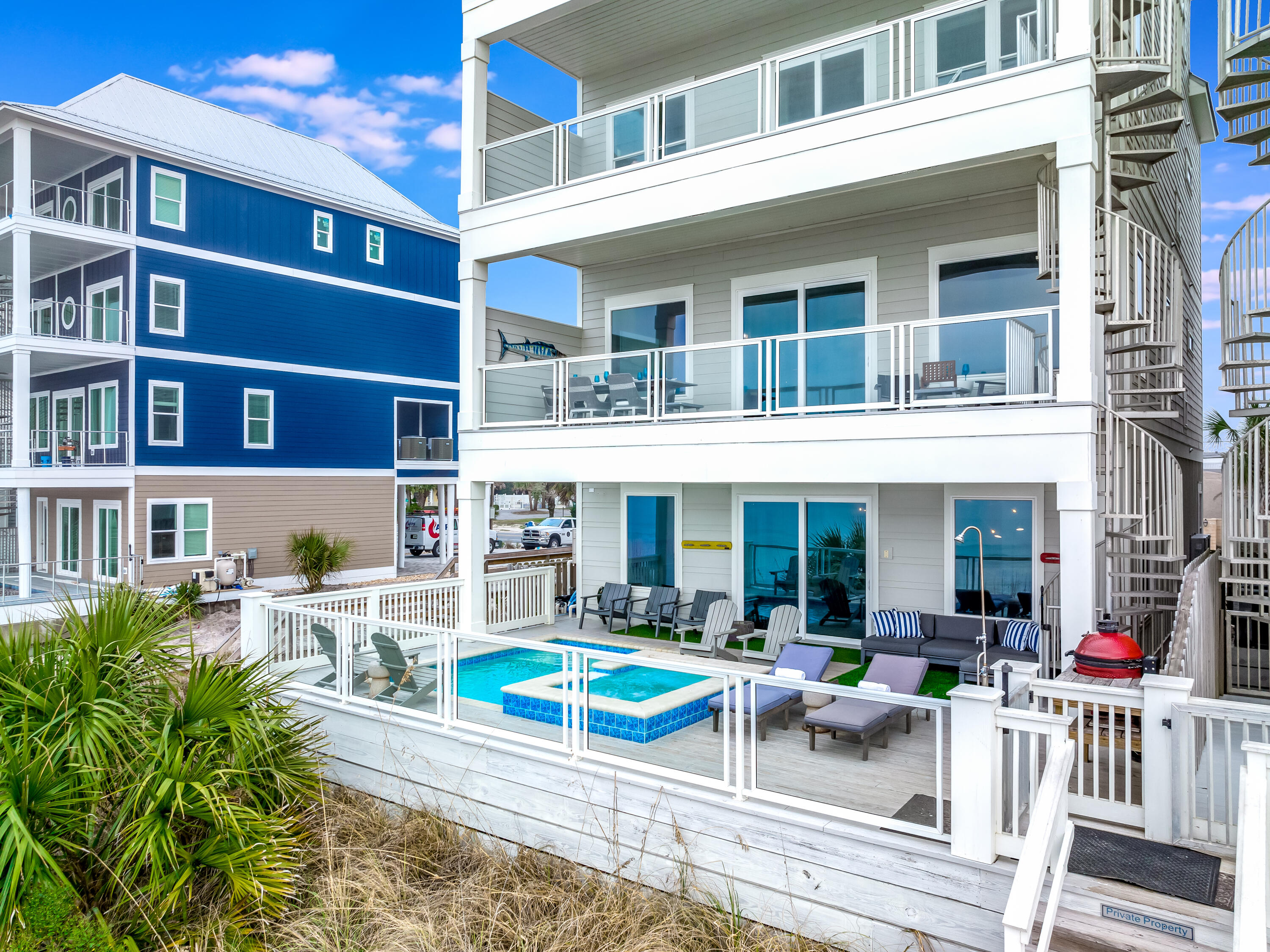 $444,625 ACTUAL 2024 RENTAL NUMBER. $344K ALREADY ON THE BOOKS FOR 2025. This gulf front beauty is sure to please with 9 Bedrooms and 9 1/2 baths. Each bedroom has it's own bath. The lower level features a TV lounge area, game room and kitchen, all opening to a spacious balcony and private pool overlooking the gulf. The second level welcomes you with a large living space, kitchen/dining area and full length balcony with amazing gulf views. On the 2nd, 3rd and 4th levels you will find multiple bedrooms and bunk rooms providing plenty of sleeping space for everyone. Each level of this amazing home has balconies to capture the beauty of the blue green waters, powder white sand, and unparelleled sunset views that await you! Call for your private showing today.......you will not be disappoint
