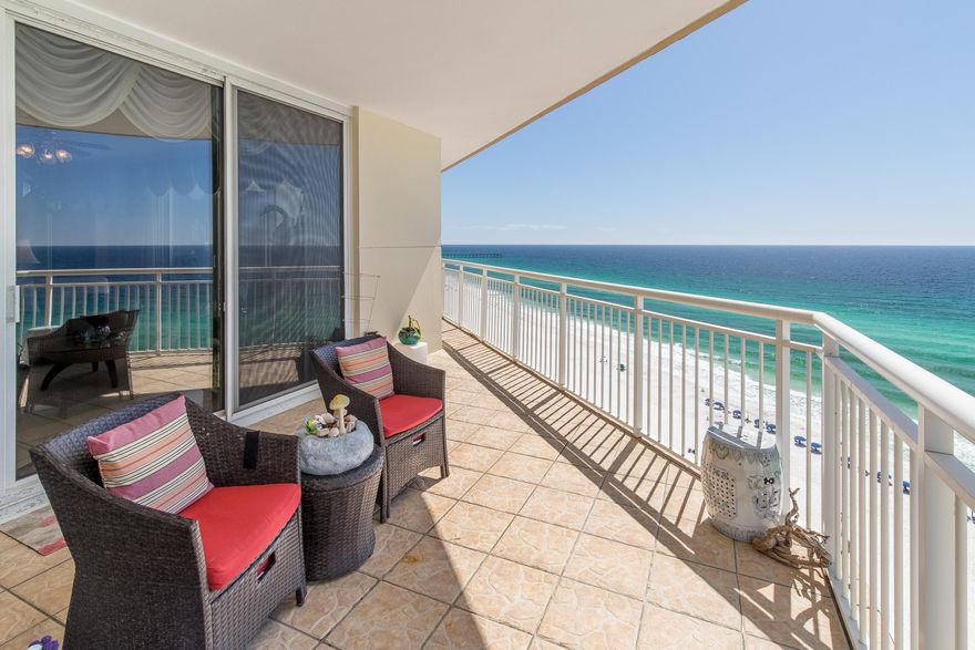 RARE OPPORTUNITY TO OWN THIS GULF FRONT 4 Bed/4 Bath, 2400+ Sq Ft, Condo with Panoramic/Best Views of the Gulf/GULF VIEWS IN EVERY ROOM and NEVER RENTED/One Owner! Some features are 9 Ft Ceilings, Custom Crown Molding and Tile throughout, Luxurious Lighting/Fixtures, Built-in China Cabinetry, Balcony Access in Every Room with Two Huge Balconies combined over 420 sq ft, two Master Suites, and more! Each Master Suite has a Separate Walk-in Shower and Jetted Tub. This will be Excellent for Primary or Secondary home or Vacation Rental! As you enter the condo, you'll be greeted by a huge Entry Foyer and notice this is not an ordinary condo, in fact, this was a Specially Designed by the Developer. The Laundry Room is big enough for Washer, Dryer, and a Full Size Refrigerator...