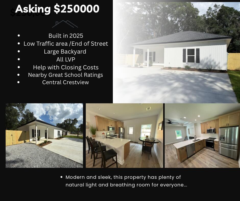 Builder OFFERING $8000 toward closing costs!! ALL NEW APPLIANCES CONVEY incl washer/dryer!Insurance Quote $538 per year!We got you covered when it comes to luxury to suite your budget! Quartz counter tops, check! Sandstone soft close wood cabinets, check! Hickory LVP flooring throughout, check! Black matte fixtures for a sleek contemporary feel, check! 9 ft ceiling with 10 ft trey up in primary suite, fenced in backyard irrigated. We've managed to pull of all the appliances fridge, 75 inch TV and electric fireplace. Home at the very end of the road thus perfect for everyone esp. pets. Less than 3 miles from downtown Crestview, 1 mile from Twin Hills Park, 8 miles from Dukefield,less than 22 from Eglin AFB and 30 from Hurlburt Field. THIS A MUST SEE! Professional pics coming so