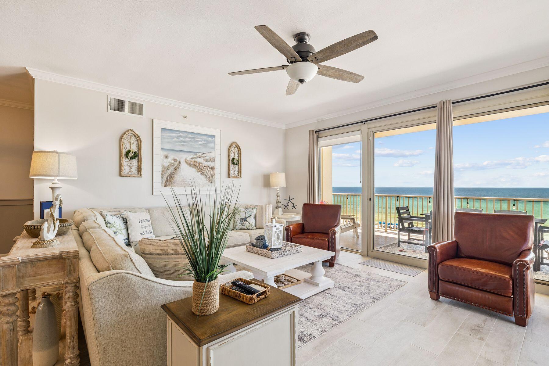Set directly on the sugar-white sands of the gulf, this fully renovated three-bedroom residence at Grande Surf Club offers the rare combination of exclusivity and coastal elegance. With just two residences per floor and a total of 28 units, the community ensures a level of privacy and tranquility that is increasingly hard to find along the Emerald Coast.Positioned on the west end of the third floor, the home captures panoramic views and unforgettable sunsets from an expansive wraparound balcony, recently refinished with a new floor surface. Inside, a 2023 renovation reimagined the layout with a spacious chef's kitchen featuring sleek cabinetry, quartz counters, and premium appliances, designed for both intimate meals and effortless entertaining. The living and dining areas flow seamlessly across new flooring, highlighted by a sophisticated coastal-inspired palette.
The master suite opens directly to the balcony and gulf views, offering dual closets, two vanities, a soaking tub, and a separate tiled shower. Two additional bedrooms and bathroom create flexible accommodations for family and guests. A full-sized laundry room and abundant storage add convenience. Modern upgrades, including a new HVAC system, tankless water heater, water filtration system, and upgraded windows, ensure year-round comfort.
Grande Surf Club itself is a secure, gated community with a gulf-front pool, sun deck, and direct beach access. Two deeded covered parking spaces are included. Located just moments from fine dining, boutique shopping, and the anticipated Tootsie's World Famous Orchid Lounge, this property is equally suited as a refined vacation retreat, a luxurious primary residence, or a legacy gulf-front investment.