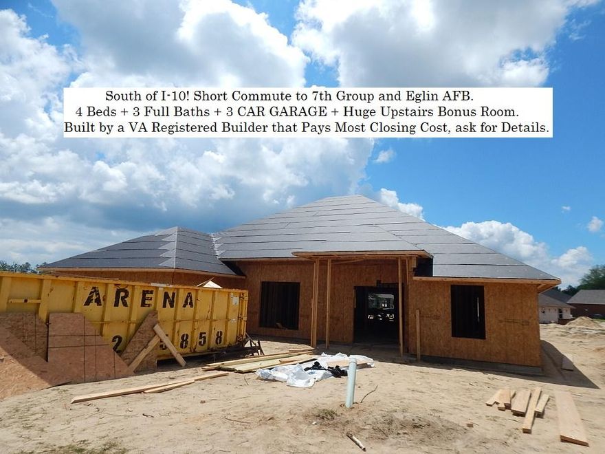 BRICK HOME BUILT BY VA REGISTERED BUILDER - 3 CAR GARAGE + 4 Beds + 3 Baths + HUGE Upstairs 23 x 17 Bonus Room + Oversized Covered Back Porch! Short Commute to 7th Group and Eglin. Under contract in Framing stage. Buyer to verify schools & the Measurements were taken from the floor plan and the buyer should satisfy themselves as changes can occur during the construction process. The lot measurements were taken from the Okaloosa County Property Appraiser's website and/or plot plan/map. CCRs are available at http://chananestates.com. Chanan Estates is South of I-10 and can be accessed from the 1st red light on the south end of Crestview. This is a local Builder that oversees all aspects of the homes he builds.