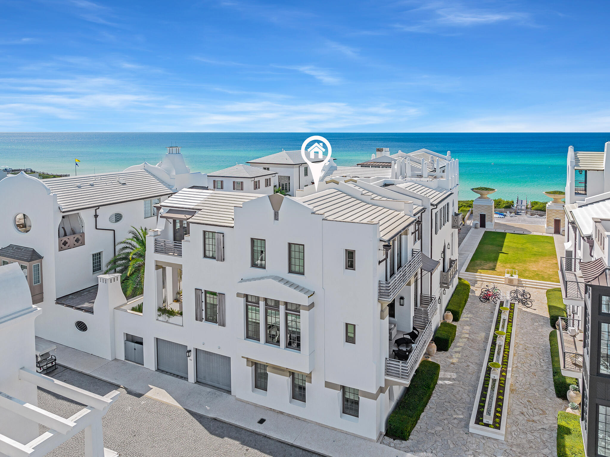 Here is your chance to own the only home on the south side of 30A, a few tiers of the Gulf. Award-winning Khoury Vogt Architects designed this custom, three-story home immersed in the world-class architectural landscape of Alys Beach. Poised on a prominent corner site just steps from the Gulf, 182 Sea Garden boasts forever Gulf Views and a highly coveted Alys Beach location, the iconic Gulf Green and private beach access. From polished Venetian Plaster walls to opulent Dominican Shellstone floors, this sought after 4 bedroom, 6 bath property was thoughtfully crafted with grandeur in mind down to the most intricate detail including but not limited to timeless marble countertops, over 2K SqFt of multiple outdoor entertaining spaces, extravagant designer decor, fortified concrete construction