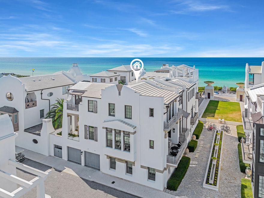 Here is your chance to own the only home on the south side of 30A, a few tiers of the Gulf. Award-winning Khoury Vogt Architects designed this custom, three-story home immersed in the world-class architectural landscape of Alys Beach. Poised on a prominent corner site just steps from the Gulf, 182 Sea Garden boasts forever Gulf Views and a highly coveted Alys Beach location, the iconic Gulf Green and private beach access. From polished Venetian Plaster walls to opulent Dominican Shellstone floors, this sought after 4 bedroom, 6 bath property was thoughtfully crafted with grandeur in mind down to the most intricate detail including but not limited to timeless marble countertops, over 2K SqFt of multiple outdoor entertaining spaces, extravagant designer decor, fortified concrete construction luxury fixtures and finishes complimenting the custom oak cabinetry, the home is encased with professional sound, security systems and smart technology. From the moment you park your vehicle in your spacious, two-car garage, you will experience a sigh of relief and a breath of fresh air as you enter your large and open interior floor plan that is perfect for entertaining your guests. A few favorite features of this property include the culinary dream kitchen which also features a tailor-made beverage center built with double refrigerator drawers, multiple aesthetically pleasing wine and beverage coolers are thoughtfully placed throughout the home and bedrooms. The stunning breakfast nook is lovely for enjoying morning coffee from the built-in espresso machine while appreciating the exclusive view of the iconic Gulf Green in Alys Beach. When you call 182 Sea Garden home, you'll be able to engulf yourself within the intricately designed courtyard with an outdoor fireplace as a stunning focal point, and private pool oasis that is nestled within your second story. As you move throughout the home, delicate reflections of the natural light cascades into each of the stunning bedrooms that host an en suite bathroom to ensure each of your guests maintain their level of privacy and space to relax and retreat after a long day exploring the town or a day at the beach. As the sunset hugs the horizon, sneak away to your private haven of a master suite to gaze out into the magnificent waterscape of the Gulf of Mexico as you soak up and reflect in your personal lounge area.
This one-of-a-kind property has expansive views while inside, and as soon as you step out onto your Gulf Green front lawn, which also serves as the main community beach access, you will be only steps away from the brand new, exclusive Beach Club, phenomenal restaurants, and sugar white sands of the Emerald Coast.
