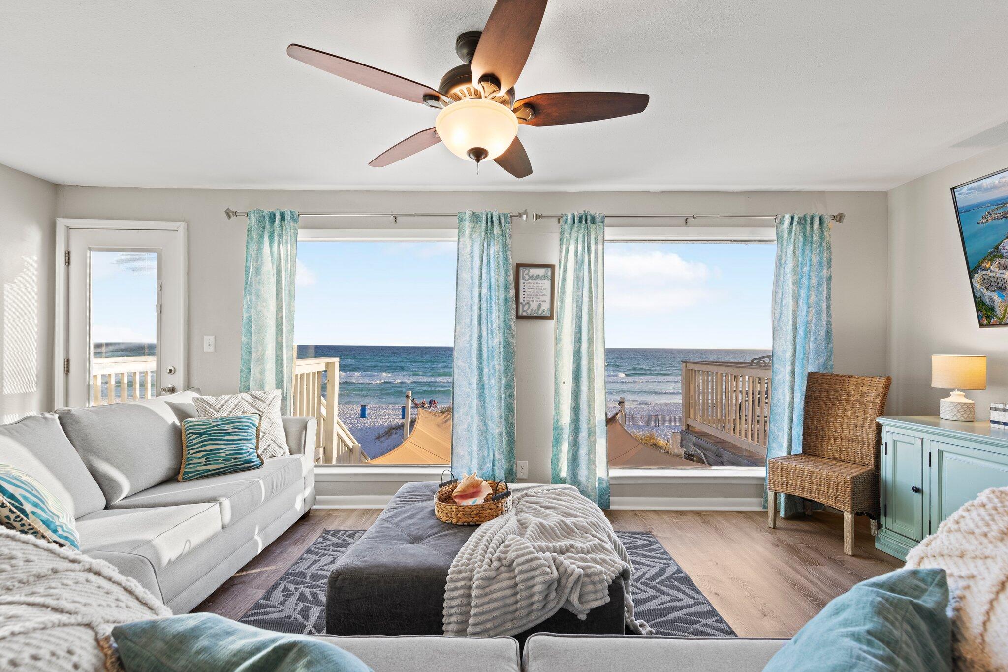 Rental projections at 200k!! Welcome in to this newly remodeled gulf front townhome in one of Destin's most coveted communities. Retreat to the beach in luxury or rent this fabulous beach property boasting over 200k in rental projections. While some properties have beach access, at this home you actually own to the high tide line and is exclusive to you and your guests. To prevent the public from using your 36' of beach the HOA has a seasonal security guard patrolling this portion of the beautiful Emerald waters.As you walk in you'll be drawn to the gorgeous gulf views from several large windows along the main floor. This floor provides the primary kitchen with a breakfast bar along with the dining room, living room, half bath and bunk room. room. Wake up in the morning to gulf views in the master suite that opens to a private 20x10 balcony to enjoy the sounds of the waves with your coffee. The master bath boasts a soaker tub and luxury finishes throughout. Another bedroom and two full baths are also on the 3rd floor. A second bunk room and kitchen, family room, full bath and bedroom are on the bottom floor that opens to the large deck and easy access to the beach. In 2019 both kitchens and all bathrooms were updated. Recent updates include new floors and paint throughout most of the home, new hot water heater and hvac, light fixtures, some furniture and decor, refrigerator, and grill. Turnkey ready as a beautiful primary home or vacation machine that sleeps 16.
