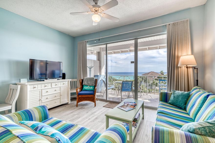 Stunning top-floor Gulf-view condo in Gulf Place! There are many recent upgrades: new HD TV's in the main bedroom & family room, a new luxury mattress for the primary king bed, all new high end plank flooring throughout with beautiful porcelain tile in both baths, all stainless kitchen appliances, granite countertops, stone backsplash, a new high impact hurricane proof sliding glass door(an $18,000 upgrade). This top floor middle unit has 9 1/2 ft. ceilings found only on the top floor. This gives the unit a more spacious comfortable feel. The oversized balcony offers an absolute stunning view of the crystal clear blue-green waters of the Gulf, with no palm trees blocking your view! This condo is perfect for families or investors. Most every year it has consistently produced $45,000 in annual rents and that's with the owner using the condo 3 months out of the year.  As rental property, it could easily produce $55 - $60,000 a year. Gulf Place is a quaint little seaside village with great restaurants, shopping, coffee shop, bike and beach rentals, artist and t-shirt shops, beach store, ice cream shop, tennis courts, and three wonderful pools all inside Gulf Place. There is another homemade ice cream and candy shop just across the street on 30A. There are activities for all ages within walking distance including festivals and concerts on the Green behind the Cabanas in season, art shows, golf, tennis, a 20 mile walking/biking trail that goes along 30A right in front of the Cabanas, and, of course - The Most Beautiful Beaches in the World ! It is also minutes away from Seaside and Watercolor to the east and water parks, fun parks with putt putt golf for "kids of all ages", nightlife, and outlet shopping in Destin to the west.  Spend the day relaxing on the beach by enjoying the private beach access directly in front of the condo or swimming in one of the 3 pools on site in Gulf Place. The Cabanas have a relaxing hot tub and the pool is heated in winter. There is also a Publix, Walmart, and two fresh seafood shops nearby for your grocery needs.