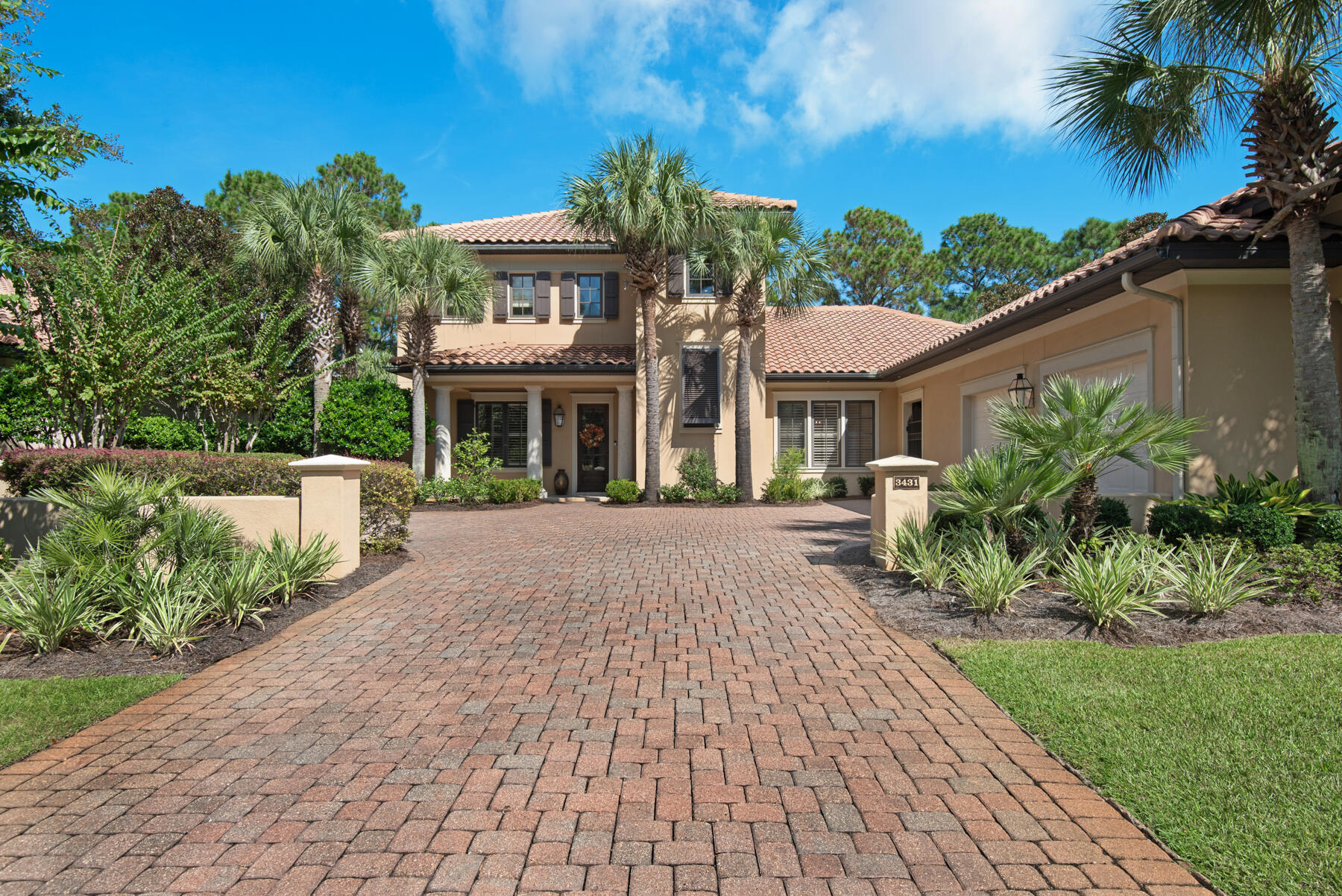 Beautiful Huff built home in the prestigious gated community of Burnt Pine. This open concept 4-bedroom 4.5 bath home features travertine and hardwood floors, 10 ft. ceilings, crown molding, granite countertops, custom cabinets, a gas range, high-end stainless-steel appliances, a gas fireplace surrounded by custom built-in cabinetry, and more. The spacious first floor Master Bedroom boasts his & her vanities, walk-in shower with separate soaking tub, and a large custom walk-in closet. There is an additional bedroom with full bath on the first floor, perfect for guests or a home office. The second floor is comprised of 2 guest suites, a spacious great room, and a covered balcony. Enjoy some of the best views of the Burnt Pine golf course from your screened in patio with private pool!