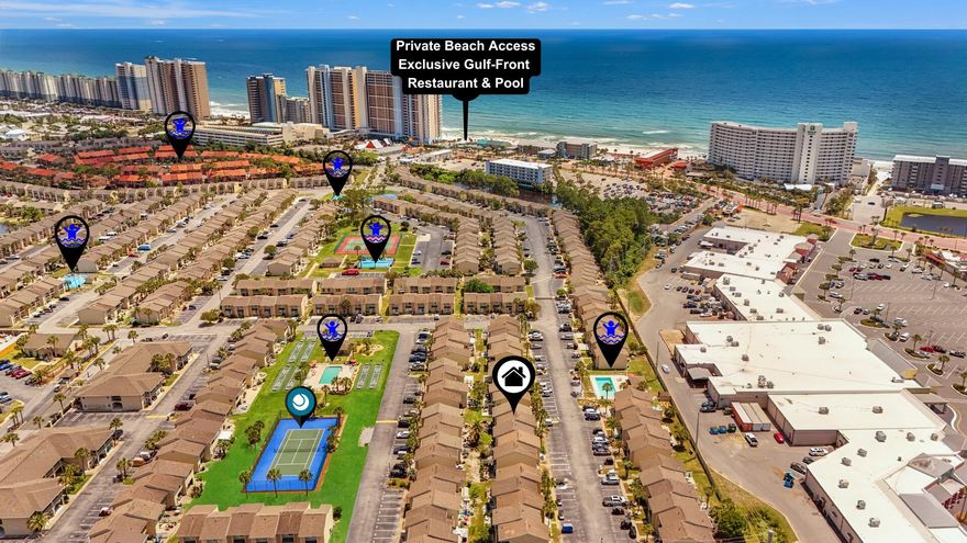 Ballin' on a budget? This vacation condo understands the assignment! Search on YouTube ''For Sale 199 Robin Ln in PCB'' for video tour. Welcome to this turnkey, glass-back townhome located in the heart of Panama City Beach just a 5-minute walk (or a quick golf cart ride) to the white sandy shores! This well-maintained unit is ideally situated across from one of the community's 11 pools, with another pool and tennis court just steps behind. A private walking gate nearby offers direct access to the shopping center, where entertainment and dining options abound, including axe throwing, bowling, and local restaurants. Inside, you'll love the open-concept layout, spacious bedrooms, and abundance of natural light. Two assigned parking spots are located right in front of the unit for convenience Short-term rentals allowed with excellent income potential. VA & FHA approved. Turnkey and ready for your beach lifestyle or next investment opportunity. This is the one you've been waiting fordon't miss it! LOW HOA includes: 11 pools (5 heated), shuffleboards, water-front restaurant & pool, mini golf, exercise room, tennis courts, pickleball, playground, WIFI, pest control, termite bond, trash, ground keeping, irrigation, property patrol, gated community, etc