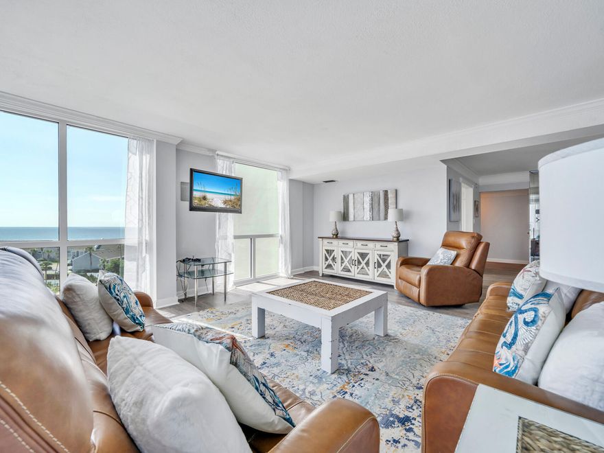 Beautiful 3 bedroom/ 2 bath renovated condo located at Shoreline Towers! This is a gulf front community, with many fabulous  amenities . Exclusive entry only through guard gated grounds, over 400 feet of private beach usage, olympic sized community swimming pool, two tennis courts, a fitness center, a shuffleboard court, grilling and picnic areas, and ample parking for hosting the ultimate beach getaway. Enjoy panoramic views of the white sandy beaches from this 7th floor end unit. This unit features gulf views from every room. The new owner will enjoy the benefits of a $23,000,000 restoration project, which includes all new windows and new elevators.