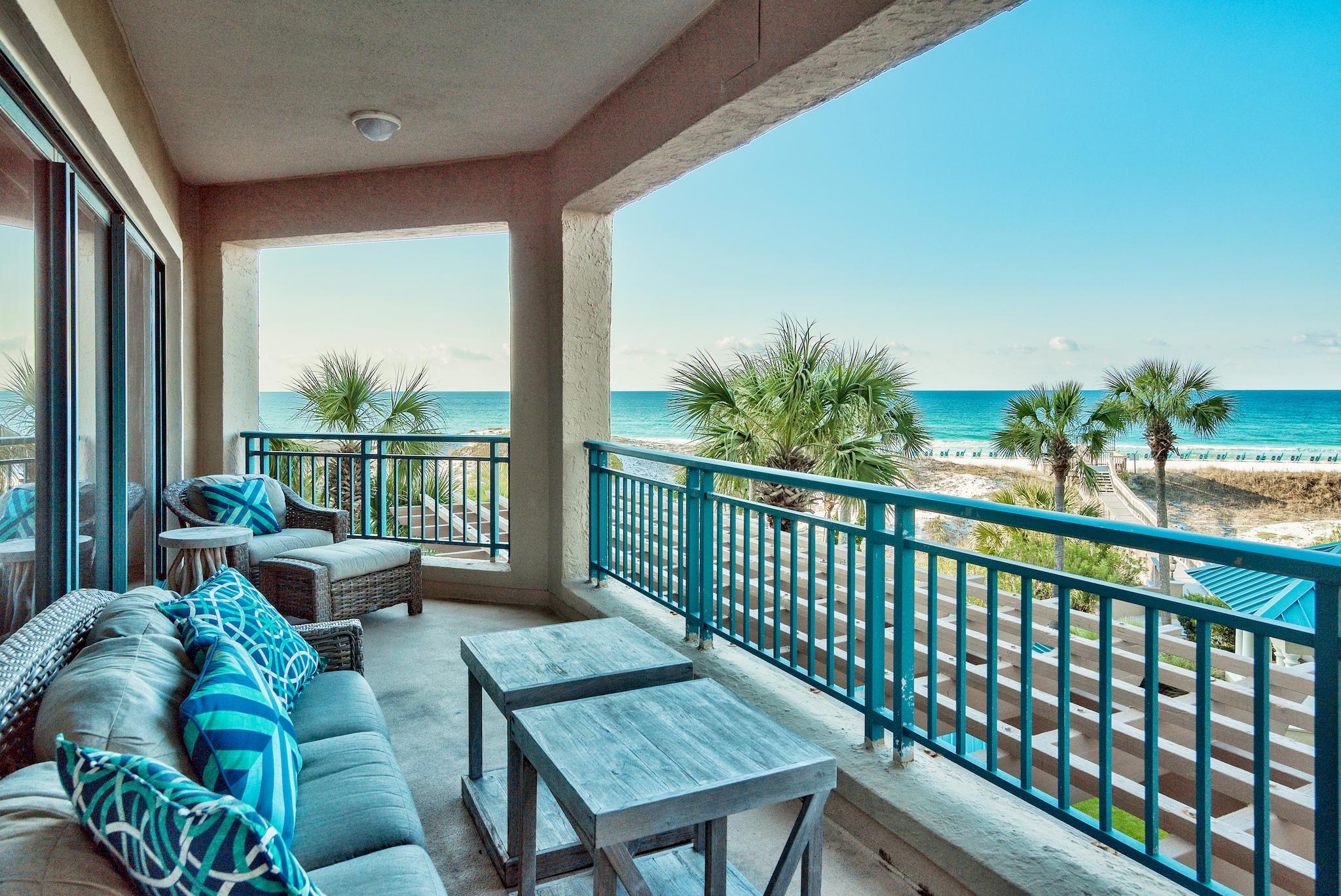 Take in the spectacular views of the breathtaking emerald green waters and white sandy beaches of the Gulf of Mexico. These views can be admired from every inch of the main living space through the wall of sliding glass doors, master bedroom, as well as from the over-sized private covered balcony. Beautiful new flooring, crown molding and modern coastal furnishings flow throughout the main living areas. The kitchen offers granite counters and breakfast bar, stainless steel appliances, and custom cabinetry. The master bedroom is very spacious with balcony access, walk-in closet, and en suite master bath with jacuzzi tub, walk-in shower, and double vanity. There are 2 additional bedrooms and full baths to accommodate your family and friends.