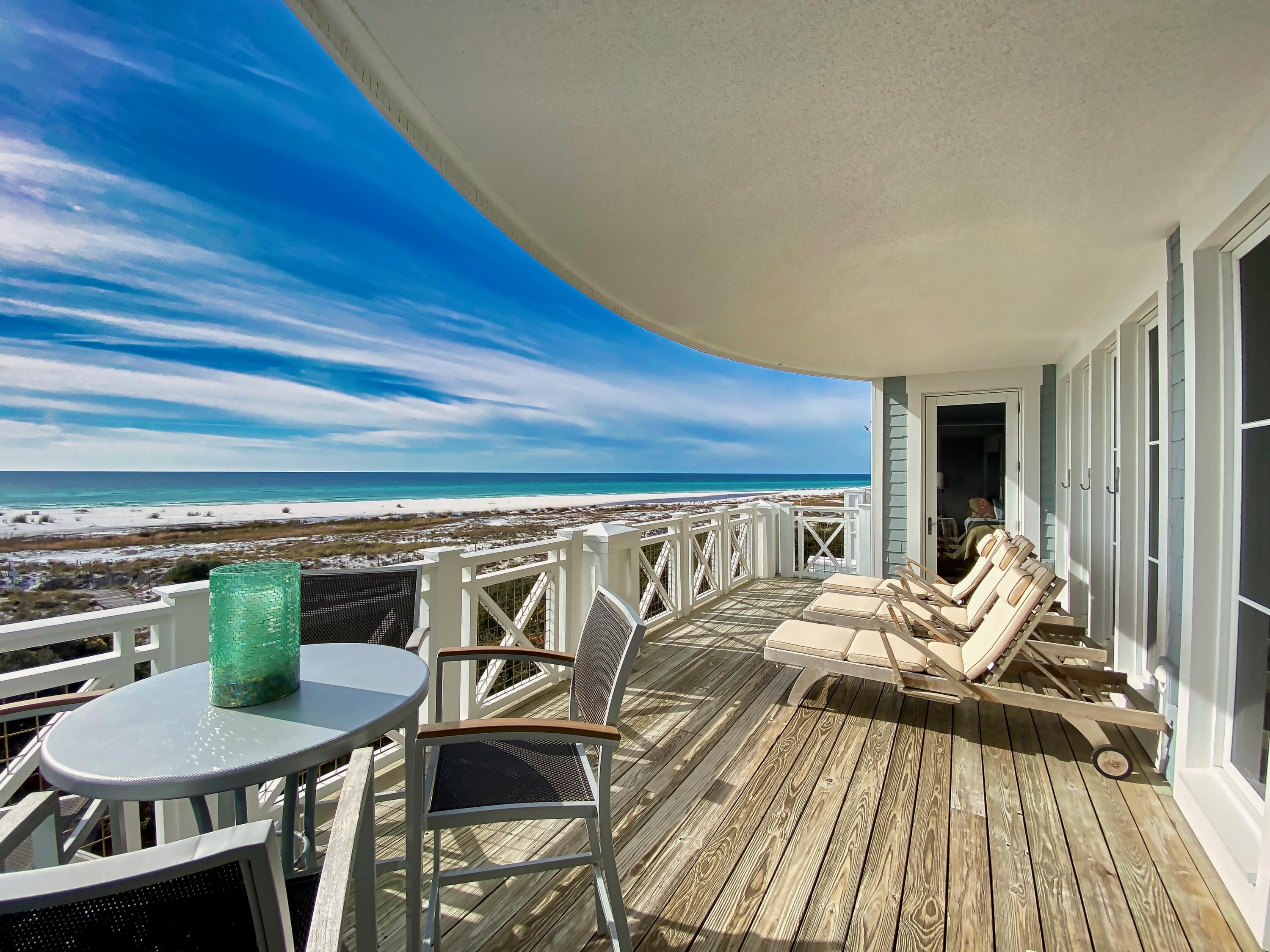 Are you looking for that right size condo all on one level with first class amenities and AMAZING views? Everyone who walks into this condo is blown away by the inspiring panoramic view! If you like upscale and being super comfortable, this condo has an open layout with lots of windows and an oversized balcony with partial cover that stretches the length of the living and dining areas. The master suite is separate from the secondary bedrooms and has 2 closets and a large master bath with tile shower and whirlpool tub. Great kitchen with stainless appliances and gas range. This condo is on the 3rd floor and is an end unit. There is also a separate garage included which is a coveted item on 30A!