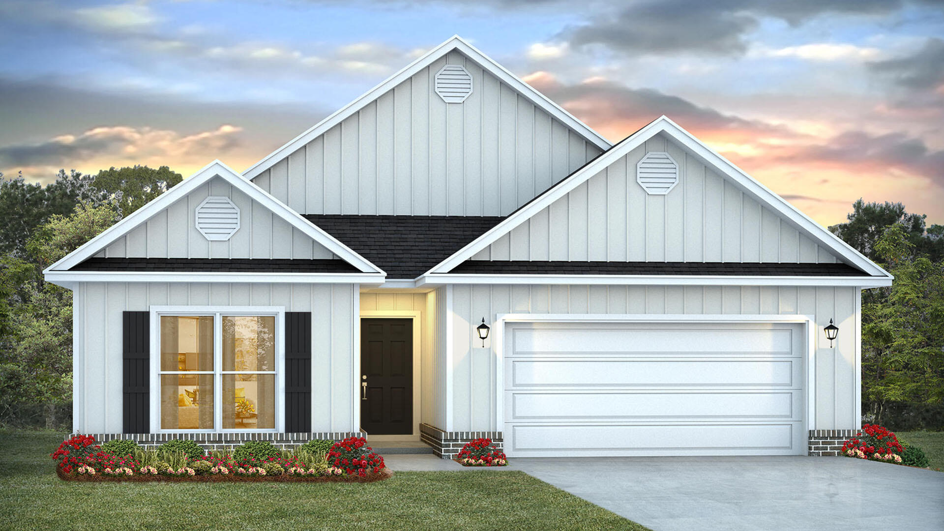 Welcome to 279 Holley Grove Lane, a new home at Holley Grove at Peach Creek in Santa Rosa Beach Florida. This floor plan features four bedrooms and two full bathrooms. Entering this home, you will notice the bright entry with the glass prairie door and a hall leading to the grand open living area. Two bedrooms are located off the entry hall with a full bath in between. The laundry room is located across the hall and offers plenty of space for a full-size washer and dryer. There is a fourth bedroom that could serve as an office space or den next to the laundry room. Each bedroom has plenty of natural light afforded by windows and spacious closets. The heart of this home is the spacious living area that is open to the kitchen and EVP flooring is throughout offering a seamless transition between rooms. The kitchen has a nice size center island with lower cabinetry and is finished with quartz countertops. A nice size corner pantry offers space for storage and appliances include a smooth top stove, microwave and dishwasher. A covered back patio is easily accessible from the great room and offers plenty of space for an outdoor dining or sitting area.
The primary bedroom is located at the back of the home offering a private retreat and it features an ensuite bathroom. The primary bathroom is designed with two spacious closets, a large shower and a dual sink vanity.