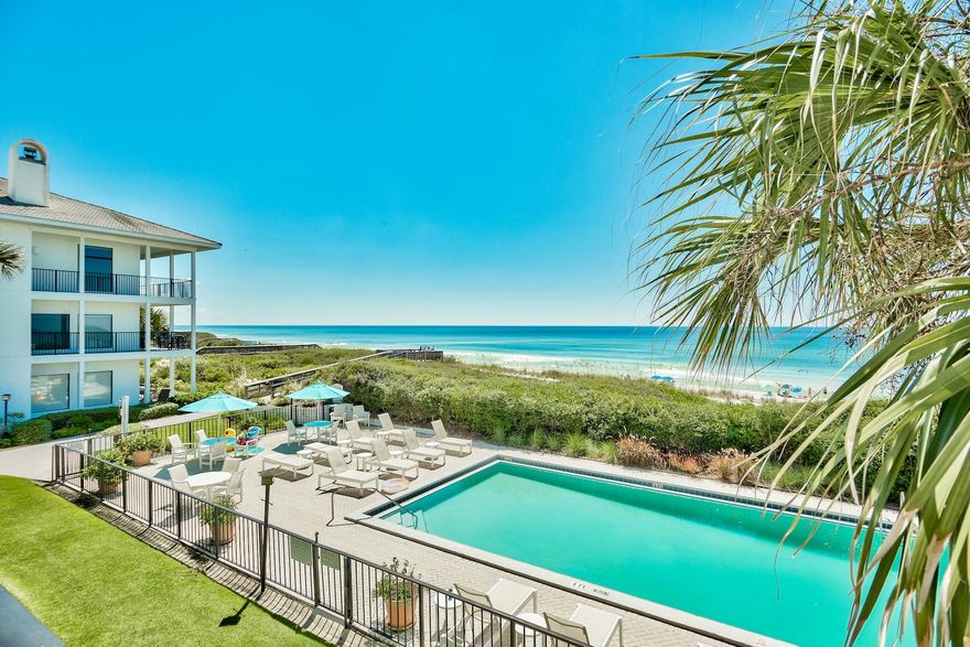 Enjoy beautiful sunsets over the Gulf of Mexico from inside this meticulously maintained condo unit at The Palms of Dune Allen. It is located on the second floor with easy access to the gated gulf front community pool. Three spacious bedrooms each with its own en suite bathroom. Hardwood flooring is found throughout the living areas including the kitchen, whose large island with bar seating overlooks both the dining and living rooms. Large windows invite a tremendous amount of light and the sight of the gulf into the open living areas. The generously sized covered porch looks upon the community pool and the Gulf of Mexico beyond. The master bath features an expansive wraparound double vanity as well as a spacious shower. The Palms of Dune Allen is a gated, 24 unit gulf front complex conveniently located on the west end of Scenic Highway 30A approximately half a mile west of shopping, dining, and seasonal entertainment at Gulf Place, and only a short drive from other conveniences including Sacred Heart Hospital on the Emerald Coast and Grand Boulevard at Sandestin.