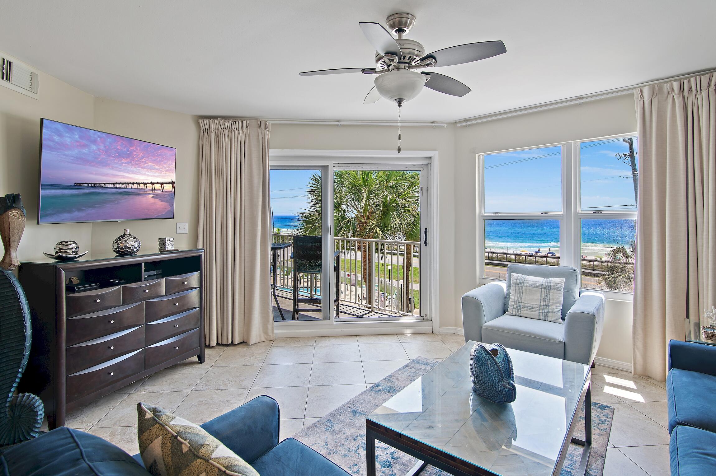 Maravilla 2308 is a beautiful third floor condo in building 2 at Maravilla with a fabulous view of the gulf. It has an excellent view of the gulf from the balcony, living room, kitchen and master bedroom. The unit has many upgrades including a beautifully updated kitchen and bathrooms. It is being sold fully furnished. The master bedroom has a sliding glass door onto the balcony. Maravilla 2308, managed by Beach Condos in Destin, has a strong rental history with $73,526 for the 12 months ending Aug 2024 with 30 days of owner block and $79,067 in 12 months ending Aug 2023. Maravilla has a private deeded beach with professional beach service and the community allows pet friendly rentals. Maravilla Condominiums are currently in the process of getting a fresh updated look modernizing the paint color, updating the lighting and the project includes routine waterproofing for the buildings. In addition, the gated community amenities include 2 pools (clubhouse pool and south pool with a view of the beach), a hot tub, picnic area, charcoal grills, tennis courts and pickleball courts, basketball goal, shuffleboard, picnic area with charcoal grills, fitness room, community room, professional beach service.