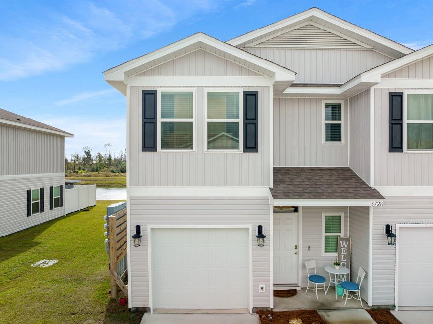 Charming end unit townhome w/ community pool! Enjoy the maintenance free lifestyle of Sentinel Point w/ yard service provided! Beautiful luxury vinyl plank flooring & open floor plan townhome. Quaint entry hallway leading to large kitchen equipped w/ plenty of cabinetry, pantry, large living room/dining area & half bath. Back patio overlooks pond. One car garage has ample space for extra storage. The second floor hosts a large master suite w/ walk-in closet, bathroom w/ double sinks, walk-in shower and linen storage. Two guest bedrooms with good size closets, full bathroom & laundry room. Smart home, ceramic back splash, farmhouse sink, custom blinds.This townhome is conveniently located within walking distance to restaurants, retail and grocery store.