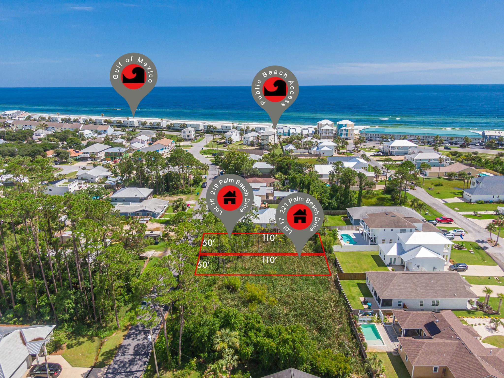 This vacant .126 acre (50'x110') residential lot in the highly desired west end of Panama City Beach is a true builder's delight for the fishing and water enthusiast is just a walk or golf cart ride block away from the beach. Located in the smaller established neighborhood of Inlet Beach Heights, just north of the closest public beach access, for you or your guest's enjoyment. This access is just west of the southern end of the street.You have fast and the better access to the infamous 30A beach road that accounts for many of our upscale beach communities in the area, such as Rosemary Beach, Alys Beach, Seaside, WaterColor and more. Situated here at home, your also just a few minutes away from Lake Powell, which has been a great source for kayakers and taking out the paddle board and fishing. There are nearby public boat ramps, shopping, dining, grocery, drug stores, banking, coffee house, medical facilities, beach stores, outdoor concert/green space areas and more. Publix anchored Ocean Park Pavilion shopping center almost across the street offers a variety other very convenient dining and retail establishments "near home".
You will find Popular Pier Park and much, much more is only 7 miles east with the Panama City Beach airport is only 17 miles away, which is one of the easiest and fastest ways in and out of our area for tourists and for your traveling needs. Not, to mention with that convenient and easy access, our beaches are some of the cleanest near your new home, second home or vacation home! Hospitals for emergencies, are about 20 miles in either direction of the lot.
This lot has an available 2018 boundary survey, is in flood zone X, AE and has wetlands and needs and does have required permit from the Florida Department of Environmental Protection (DEP) which extends until November 2023 (extendable & transferrable) to clear, fill and build within its regulations and is transferable within 30 days of closing.
In regards to the authorization stated needed on the permit, the seller has stated it wasn't needed because of being in a platted subdivision. The onsite wetlands may not be jurisdictional and a Section 404 fill discharge Corps permit may not have been required. Per US Army Corp of Engineers: In December the FDEP assumed permit authority of Section 404 fill discharge permits for areas including the subject parcels. Therefore, please contact the FDEP if you desire a jurisdictional determination or for further Section 404 fill discharge permitting.
Zero HOA fees nor the hassle of an HOA, the original subd. CC&R's may be expired so it may just the requirements in the permit, in addition to other potential county, state and local municipality regulations.
To be cleared, fill and built the permit applies to BOTH LOT 16 & 17, can't do separately or one at a time.
The tap fee hasn't been paid on the lot and sewer is available and across the street, boring required as well as a lift station. Homesite 217 has completed this process for an example.
Seller is not accepting contracts with a due diligence period, they are wanting that completed and waived before contract.