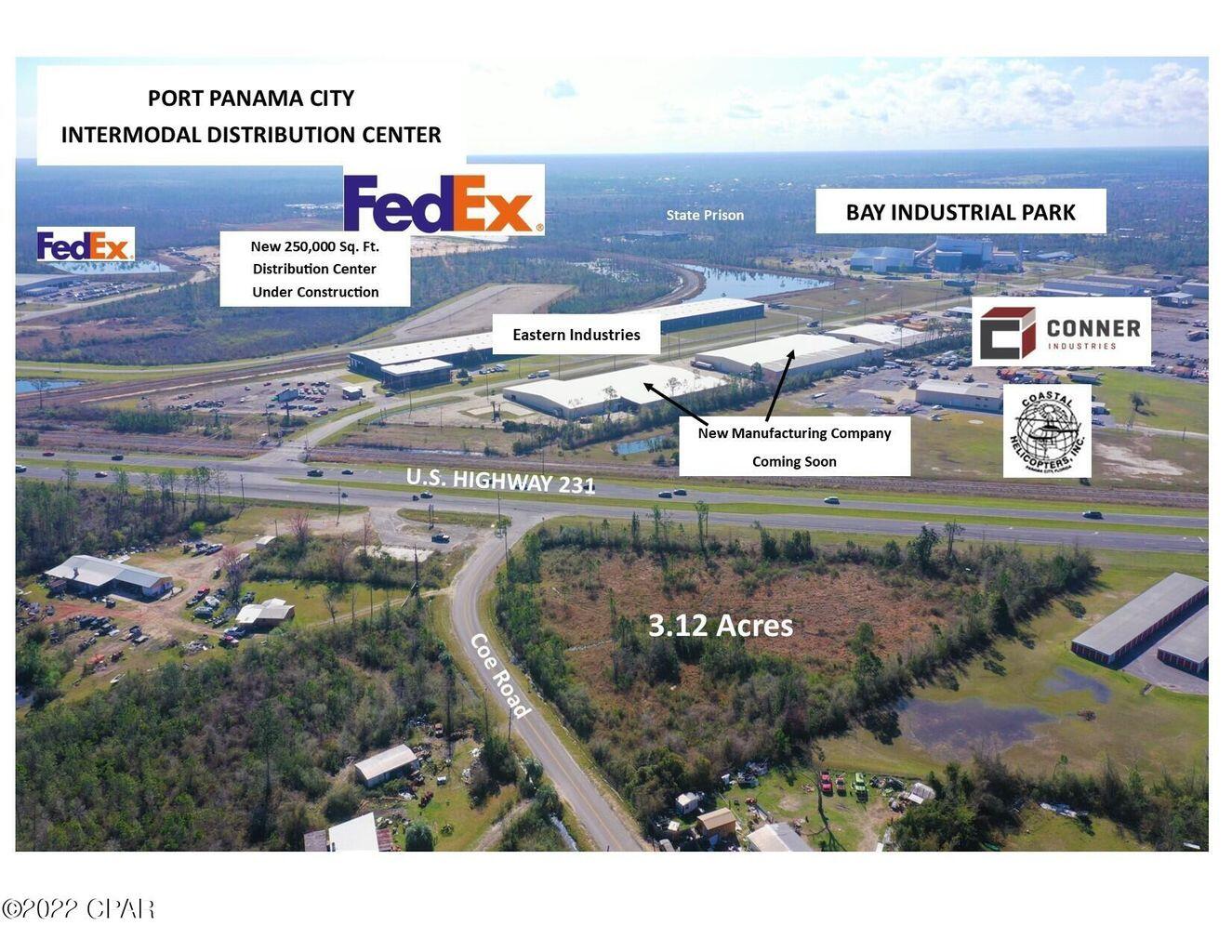 Reduced For Quick Sale! 3.12 Acres on U.S. Highway 231 at the corner of Coe Road. Coe Road goes through to Highway 2301. Located across the Highway from Coastal Helicopters, Bay Industrial Park and the Intermodal Distribution Center (IDC). Located in the path of progress with several new residential developments and new companies coming to the immediate area (e.g. FedEx distribution facility, former Century Boats/Yamaha Motors with new manufacturing company, Conner Industries, Eastern Industries, etc.). Zoned General Commercial (GC-3) in unincorporated Bay County. Great site for many commercial uses; convenience store, retail, storage, restaurant, etc.