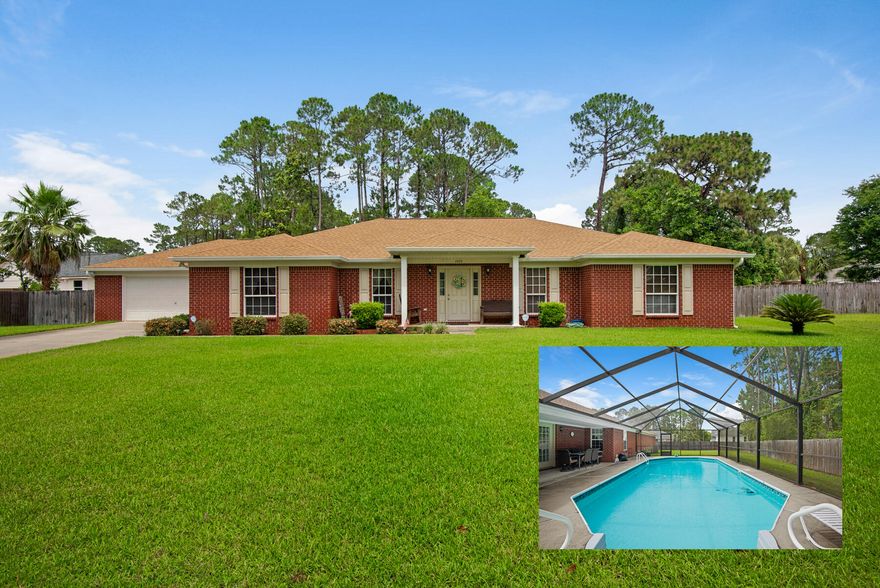 Beautiful custom home awaits! Spacious split floor plan is open and inviting. Large great room, 3 bedrooms PLUS an office. Refreshing enclosed pool and patio highlight the fenced-in backyard. Great home, convenient location and Gulf Breeze Schools!