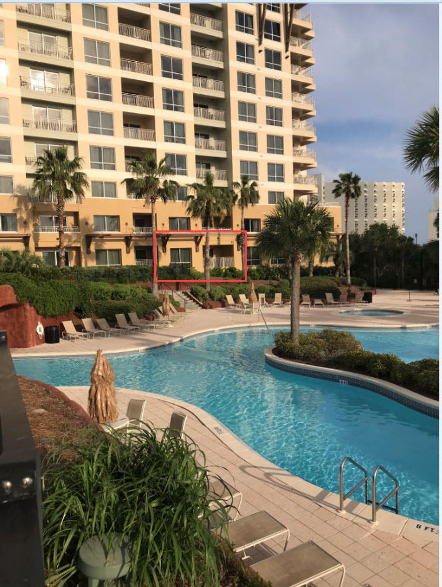 Stunning location and largest 1BR floor plan (795 sq ft)! There are very few 795 sq ft 1BRs, and this is one of those few! It is located on the desirable West side of Tower 2, AND is one of only four units on the ground floor and pool side, which really makes this your unique find! Completely updated w/wood grain vinyl plank flooring (perfect for beach), entire repaint, new stainless-steel appliances, and new Sealey Posturepedic King Bed. Water heater replaced 2015 and AC unit in 2011. Further upgraded amenities: electronic keyless entry, a full kitchen with tile and granite counter tops, a 10ft granite bar with seating for 4, washer/dryer, two flat-screen TV's and DVD players, and upgraded stereo sound in LR.