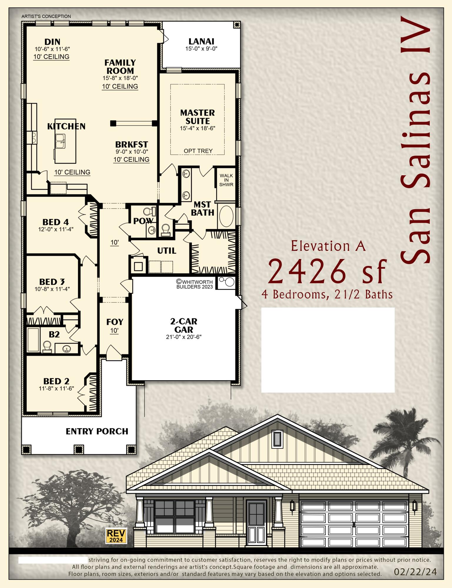 Move in Ready - New Construction - Corner Lot 75' x 300' deep * 2X6 Exterior Construction * Sewer Lot not Septic * This is a Split Bedroom Plan with 4BR/2.5BA, Family Rm, Dining Rm, Breakfast Cafe *10 Ft Ceilings in Main Living Areas * Wood Laminate Plank Flooring in Main Living Areas * Granite Countertops in Kitchen & Baths * Kitchen features: Island, Stainless Steel Appliances & Walk In Pantry * Main Suite w/ Trey Ceiling & Main Bath with Builders Signature Zero Entry Walk in Tile Shower w/ 2 Shower Heads, Separate Soaking Tub, Double Vanities & Large Walk-in Closet * Tile Flooring in All Baths * Ceiling Fans in all Bedrooms & Family Rm * Rear Covered Lanai with Ceiling Fan * Covered Entry w/ Porch * Irrigation System *Manabloc Plumbing & More * 1 & 10 Year Warranty *