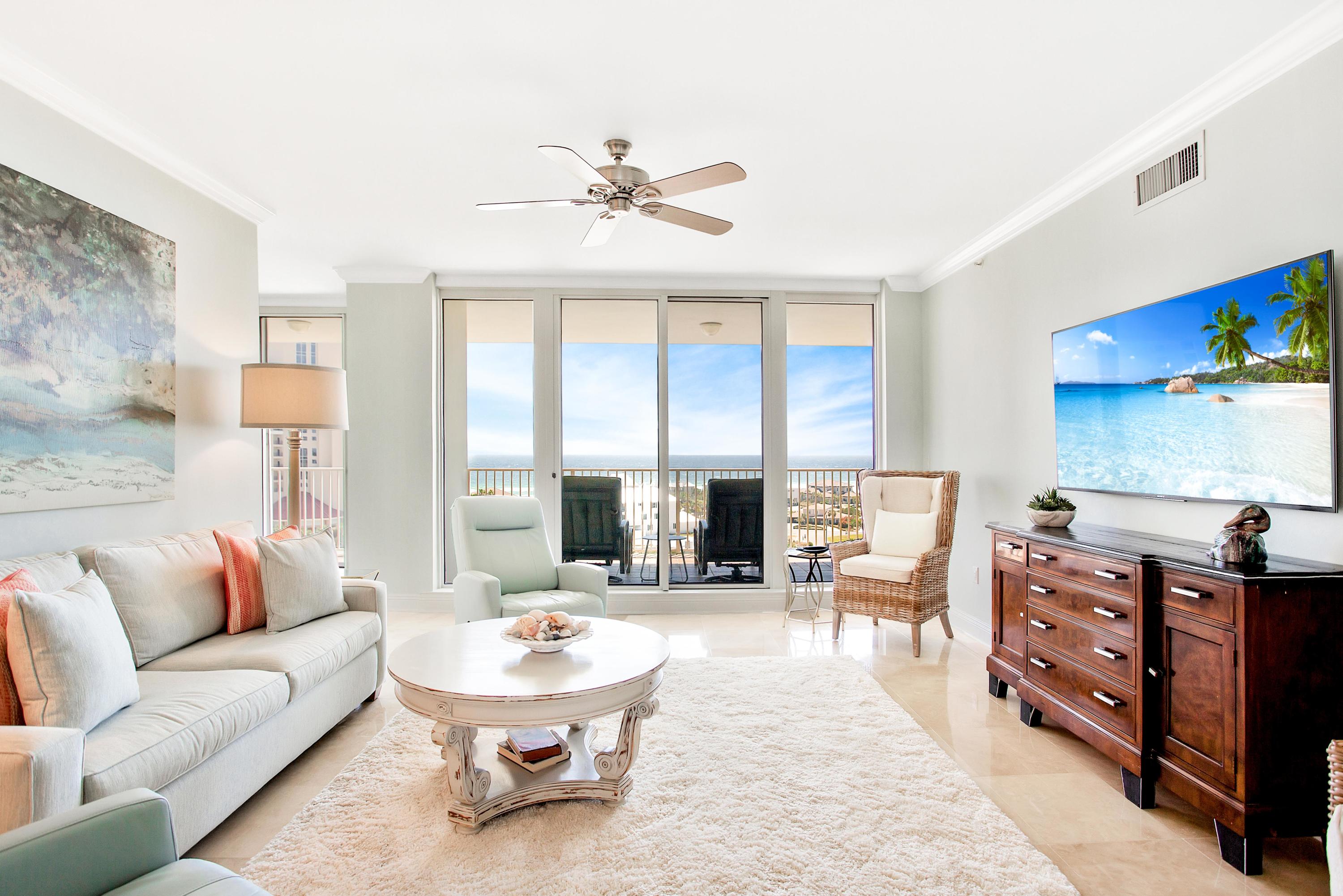 Enjoy breathtaking views of the Gulf of Mexico from all bedrooms, living areas and the expansive balcony of this gorgeously appointed 9th floor condo located in the exclusive One Beach Club Drive. Tastefully furnished, this residence offers two bedrooms, each of which can serve as a master suite with king sized beds, stunning gulf views and balcony access, 2.5 bathrooms and a full laundry room with sink. The floor to ceiling windows in the living, dining and bedroom areas, along with the exquisite furnishings, allow for a light and bright ambiance made for relaxing and entertaining.