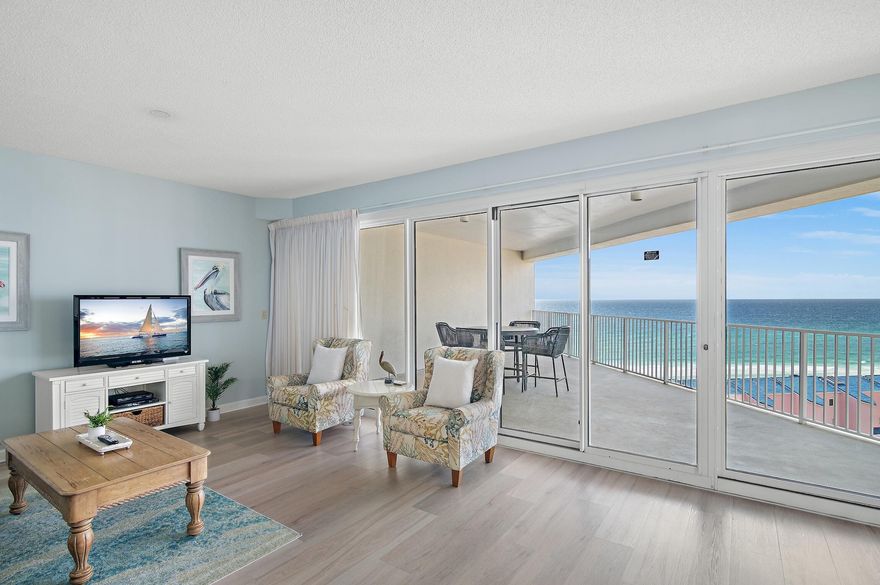 Incredible opportunity for this 2-bedroom, 2-bath unit at Tides at Tops'l with amazing amenities and resort living. Capture stunning views of the Gulf of Mexico right when you walk in the door. A prime feature of the coastline units is the oversized balcony, perfect for entertaining or outdoor dining. Facing west, you not only have amazing Gulf views but also incredible sunsets. Enjoy captivating views of the emerald green waters from the balcony plus living & dining area and kitchen through the expansive wall of glass. The open floor plan allows the unit to feel very spacious and is ideal for entertaining. Interior updates in 2021/22 includes beautiful new luxury vinyl flooring throughout, new stainless steel appliances, new hot water heater, sofa, mattresses and guest bedroom furniture!