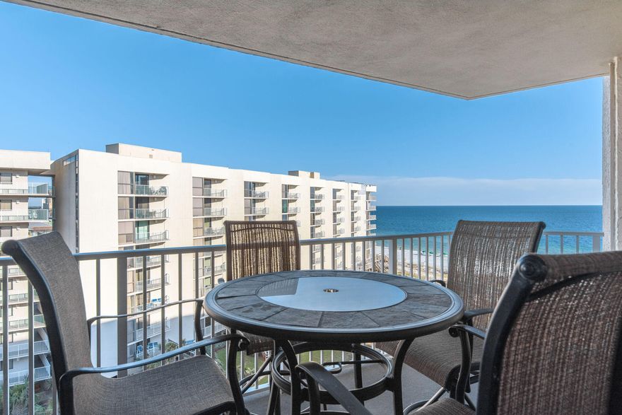 Gorgeous 2 bed/2 bath condo with views of the Gulf. The best value in Mainsail with fresh new neutral paint, new ceiling fans and light fixtures throughout, new waterproof LVP flooring in the living/dining area and bedrooms, tile in the kitchen, hallway and bathrooms. Kitchen features stainless appliances, a brand new dishwasher and microwave, granite countertops, crown molding, trey ceilings, a large breakfast bar, and laundry closet. Master bedroom has views of the Gulf, a private bath, and balcony access. Second bedroom has a queen sized bed and access to a full sized hallway bath. Mainsail amenities include 700FT of deeded beach access, 2 pools, splash pad, tennis courts, covered parking, as well as 24HR on-site security. Check out the virtual walk through too.  What a great rental!