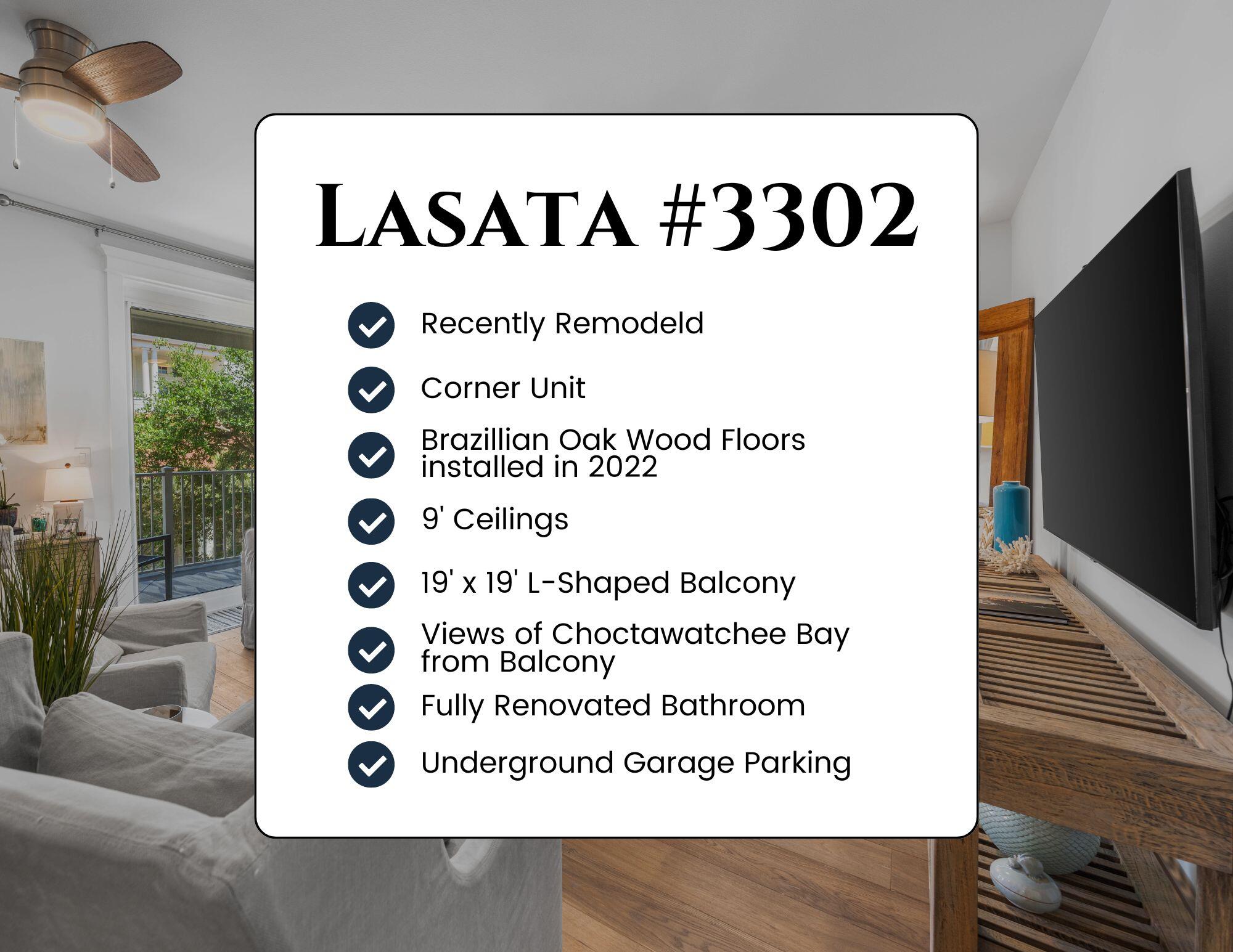 Nestled within the iconic Sandestin Resort and Golf Community, Lasata #3302 combines modern comforts and tasteful decor with stunning natural beauty.With a Prime Corner Location, this recently renovated unit not only offers a huge balcony with views of Choctawatchee Bay, but also an abundance of natural light that fills the space, creating a warm and inviting atmosphere throughout.Entering the unit, you are greeted by the 9' ceilings, Newly installed Brazilian Oakwood floors throughout and open-flow kitchen and living areas. Traveling to the living room, a huge inviting L-shaped Couch beckons you to kick your legs up and take a seat. The large windows allow a plethora of Natural Light to envelop the space.The kitchen hosts a breakfast bar and boasts stainless steel appliances, ... including a flat-top range, Bosch Dishwasher, Frigidaire Microwave, and a Whirlpool Refrigerator for effortless culinary experiences. A pantry also offers abundant storage space.
The large bedroom features a relaxing king size and spacious closet. Several windows with plantation shutters allow for natural light to enter the space.
The newly renovated bathroom features tile flooring dual vanities for added functionality and style, complemented by a large walk-in shower that provides a spa-like experience with it's dual shower heads. An in-unit GE Washer and Dryer adds to convenience and comfortable living. Aside from all the storage space within the unit, there is a bonus storage cage located in the garage of the building!
Located within the Lasata Condominium of the Sandestin Golf and Beach Resort, this location places you in the heart of the Sandestin Community. Living in Lasata Building grants you access to a wealth of amenities, including a Resort Style Zero Entry Pool, fitness center, a Special Community Room, and convenient parking. Plus, you're just moments away from Sandestin's iconic Baytowne Wharf and it's renowned dining, shopping, and entertainment options ensuring every day is filled with excitement and relaxation.
Sandestin Golf and Beach Resort is the place with something for Everyone! Located on a tremendous 2,400 acres, Residents and Guests don't need to leave the Golf-Cart Friendly Community to have an incredible, adventurous, and activity-packed day. Biking and walking baths sprawl throughout the property connecting neighborhoods and everything there is to enjoy at Sandestin: golf courses, tennis courts, the marina, the beach, shopping, dining and so much more.
Lasata Condominium Unit #3302 is a perfect blend of luxury, comfort, and convenience, providing an unparalleled living experience within the prestigious Sandestin community.