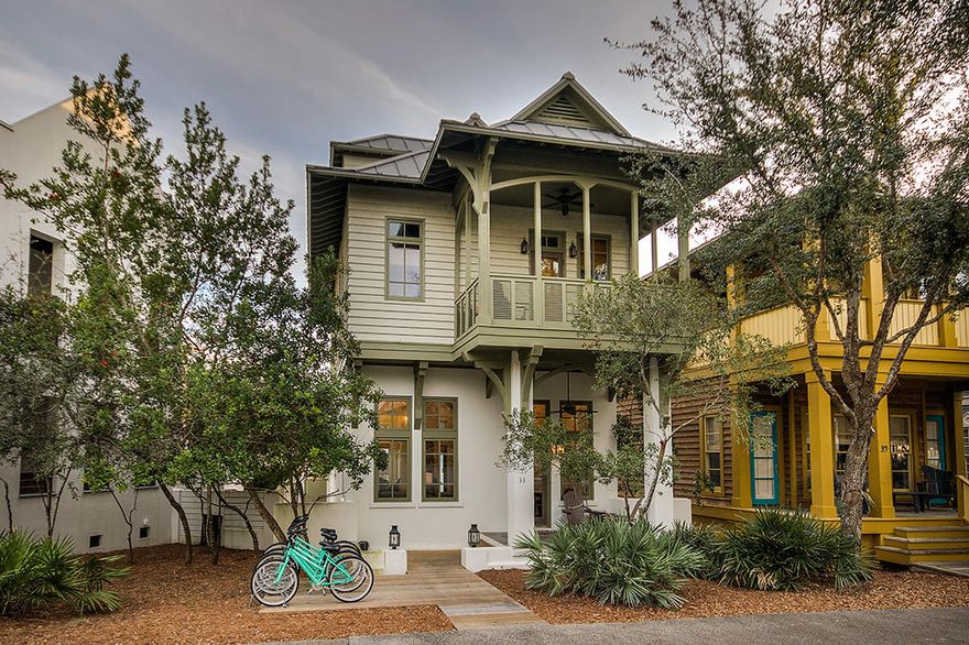 Here is your opportunity! This is one of the most charming Rosemary Beach turn key homes you will find! With a traditional and most functional layout, you'll see thoughtful design throughout. Entering off the oversized porch, you are welcomed with tall sculptured ceilings and comfortable living spaces. The living room and dining flow nicely into the kitchen and breakfast room. There is space for the whole family on this floor! As you enter the second floor, there are two master suites. The third level entertainment loft provides a flex space for the kids along with 4 custom built-in beds. This home was designed for large or multi-families to enjoy. In addition to the multiple interior eating and lounge spaces, there is an outdoor courtyard the whole family will enjoy. See More for details. Designed by Gary Justiss this private peacock pavered courtyard offers a summer kitchen, outdoor dining area with built in banquette and a large conversation space. The courtyard is also enclosed which provides privacy and holds all the little ones close by. In addition to the courtyard space, just outside the front porch there is a custom bike rack area and drop zone for all of your beach gear. The front porch is oversized with seating areas. Perfect for morning coffee as you watch others on their morning walks and bike rides through town. Design plans by Gary Justiss for the addition of a Carriage House are also available. This is truly a must see Rosemary Beach Home! Come see for yourself. 
Information contained within this listing such as square footage, is deemed to be accurate but is not guaranteed. Buyer to verify.