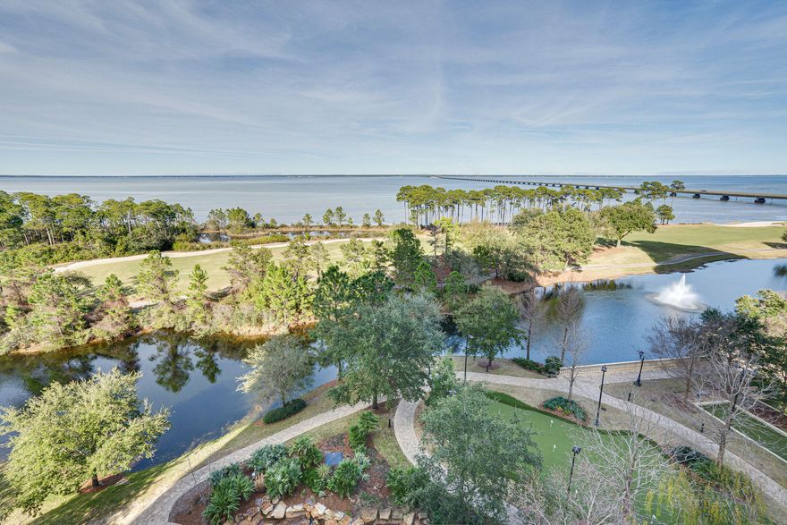 Breathtaking Choctawhatchee Bay views as you enter this beautifully appointed 7th floor condo in One Water Place will delight the most discriminating buyer! Sweeping waterviews from the master bedroom overlooking the golfcourse , pond and Japanese garden. Refined, luxury at its best! Custom designed sheers, upscale lighting,, upgraded master bedroom carpet, spacious master bedroom closet, open Viking kitchen with a large island for gracious entertaining. This 7th floor beauty is a must see!! Much sought after storage space conveys with this unit.