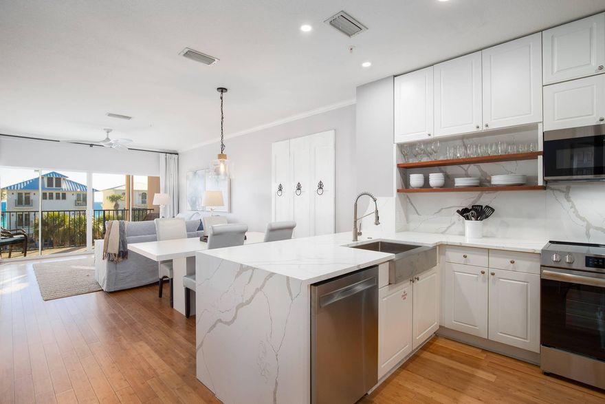 Price reduction of 10K for this remodeled dream vacation retreat: a stunning remodeled Gulf View Condo on Scenic 98! The newly furnished, turnkey rental located on the third floor of the charming Emerald Waters complex, boasts views of the Gulf and a delightful beach vibe. Just steps away from deeded beach access, you can spend sun-soaked days on the sandy shores before returning to your serene escape. Step inside and be greeted by a bright and spacious layout adorned with elegant waterfall countertops and stylish bamboo flooring. Large windows and a private balcony flood the space with natural light, creating the perfect ambiance for relaxation.  Ideal for family getaways or fun trips with friends. The generous kitchen, featuring updated appliances and ample counter space, is perfect for crafting culinary delights. With the Gulf-facing master suite and remodeled bathroom facing the Gulf you found paradise.   A new custom-built Stylish Queen over twin bunk room will make adults and families feel welcome and comfortable. This condo is a fantastic investment opportunity with gross income projections up to $58.5K.  Nice full-size washer and dryer in laundry room.  Don't miss out and schedule your visit today!
Video tour is available upon request.