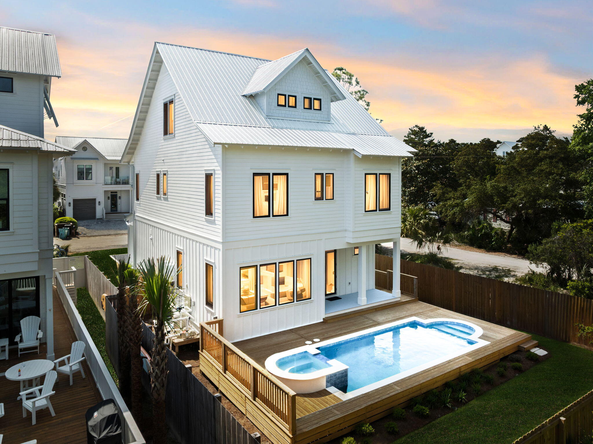 Discover coastal elegance in this stunning newly constructed home at 144 Dalton Drive, offering a perfect blend of luxury, comfort, and prime location. Just a short stroll from the Eastern Lake Beach Access, this home is equally poised as a great vacation rental or second home/primary. Inside, over 3,200 square feet of thoughtfully designed living space await, featuring 5 spacious bedroom suites--each with its own private ensuite bath--plus a convenient first-floor half bath for guests. The open-concept layout is ideal for both entertaining and everyday living, with seamless transitions between the gourmet kitchen, dining, and living areas. The chef's kitchen is a showstopper, boasting professional Cafe series appliances, a 6-burner gas range, double dishwashers, a freestanding ice maker, and a striking blue backsplash that adds a fun, coastal touch. The inviting living room extends effortlessly to a resort-style outdoor oasis, boasting one of the largest pools on the street. Step onto the covered back porch, take a refreshing dip in the private pool, or unwind in the spa. With plenty of space for dining and lounging, this outdoor retreat is perfect for enjoying warm Florida evenings under the stars. Whether you're looking for a full-time residence, vacation home, or investment property, 144 Dalton Drive delivers luxury and convenience in one of 30A's most desirable locations. Don't miss this opportunity to own a brand-new coastal haven.