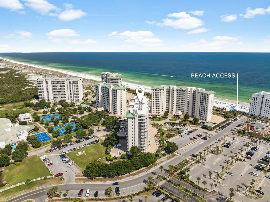 Welcome to refined Gulf-front living at Silver Shells Resort, an exclusive, amenity-rich community in the heart of Destin. This expansive 2-bedroom, 2-bath residence inside the sought-after St. Lucia tower offers an exceptional blend of luxury, comfort, and investment potential. Positioned to capture panoramic views of the Gulf, the unit is bathed in natural light and offers direct access to an oversized terrace from both bedrooms. Inside, luxury tile flooring flows seamlessly throughout the open-concept living space, complementing the fully furnished, turnkey interior. Whether you're seeking a second home, full-time residence, or high-performing rental, this property checks every box.

The gourmet kitchen and spacious living area make entertaining effortless, while generously sized bedrooms provide privacy and relaxation. The primary suite features Gulf views, terrace access, and an en-suite bath designed for comfort and style.

Additional features include an assigned parking space in the secure garage, a private climate-controlled storage unit, and secure coded access to the St. Lucia tower. All of this is nestled within a gated, guarded community offering peace of mind and privacy.

Silver Shells Resort sets the standard for coastal resort living. Enjoy over 1,000 feet of private beach, resort-style pools, a full-service day spa, state-of-the-art fitness center, tennis courts, basketball court, and onsite dining at the renowned Ruth's Chris Steak House. With professional management and onsite security, ownership here is effortless and enjoyable.