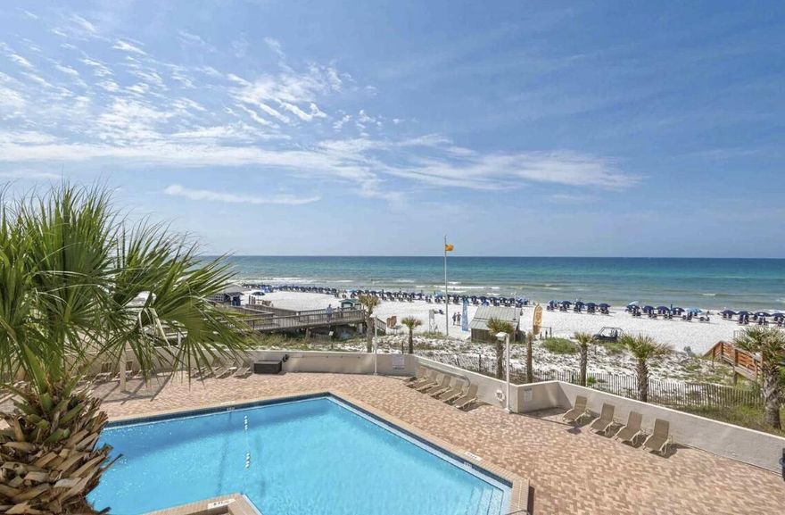 This beachfront 3rd-floor condo offers sweeping Gulf views from nearly every room and an abundance of natural light through expansive wall-to-wall windows in both the living area and bedroom. Step onto the private balcony--perfectly positioned to overlook the resort-style pool and the sugar-white beach beyond. The open, airy layout delivers the relaxed coastal lifestyle renters seek, complemented by tasteful furnishings, terracotta tile flooring, granite countertops, and a neutral color palette designed for broad rental appeal. A 2021 water heater provides added peace of mind for owners. Beachside II further enhances rental demand with an onsite fitness center, brand-new pool, spa, pool deck, and grilling area completed in August 2025, elevating the guest experience and rental investment.