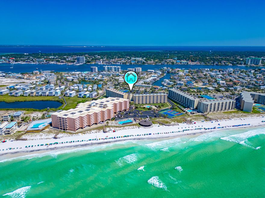 Spectacular Harbor & Gulf Views!Welcome to your dream beach getaway! This pristine condo features 2 bedrooms and 2 bathrooms, perched on the 6th floor, offering breathtaking vistas and sleeping six comfortably. From your balcony, marvel at the sight of boats navigating the East Pass and enjoy stunning, multicolored sunsets reflecting off Lake Christina and the Destin Pass. On special evenings, you can even watch a spectacular fireworks show right from your balcony! This condo exudes a festive atmosphere with tasteful upgrades and is offered fully furnished, making it completely TURNKEY. The well-maintained building features beautifully manicured grounds and is managed with exceptional fiscal responsibility. This is a perfect place for your Florida beach getaway!