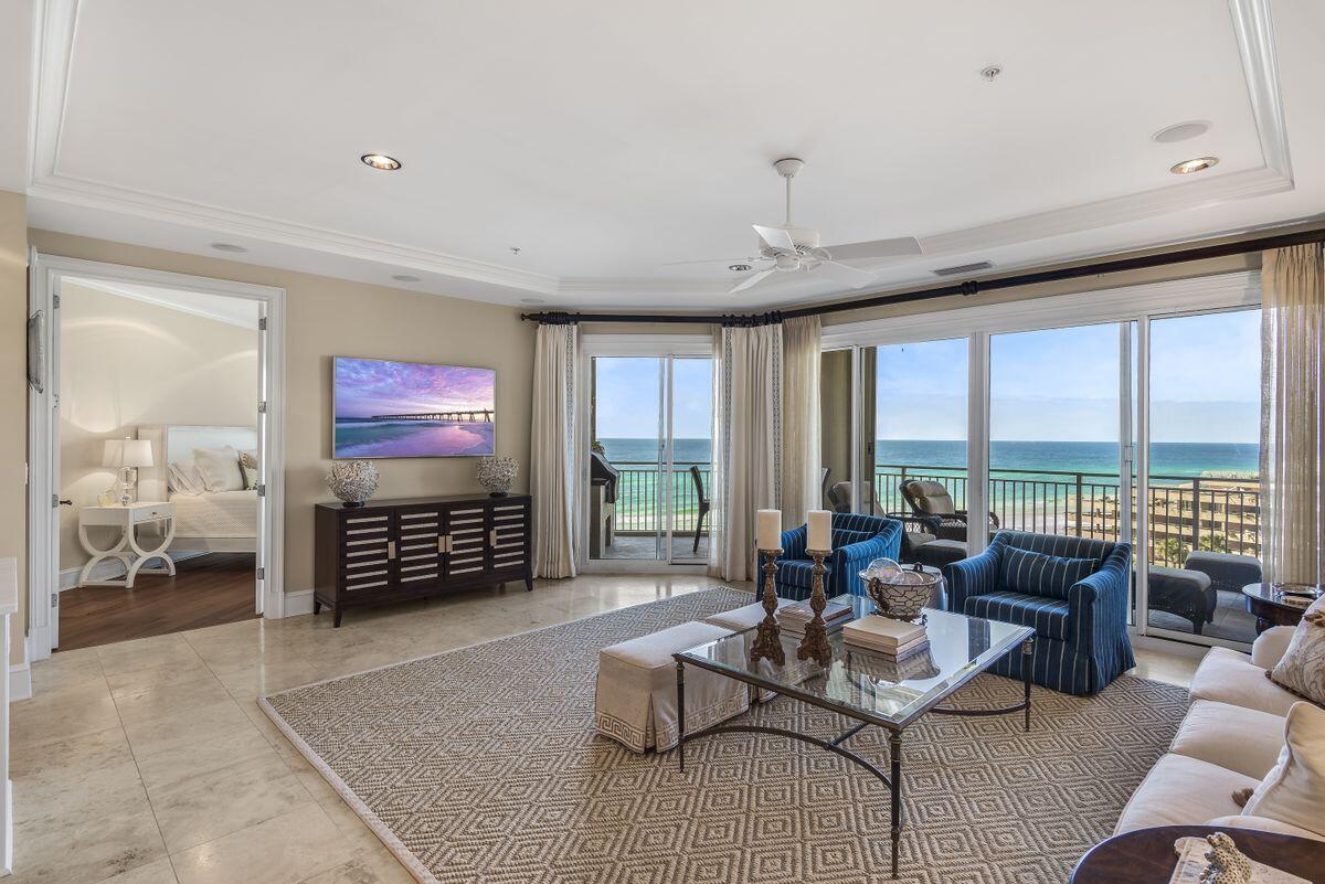 Previously featured in Coastal Living magazine, this west-end villa in the south tower of gated Grand Dunes boasts sweeping gulf views and the building's highly-coveted ''50 stack'' floor plan. Featuring four beds, four baths and 2,822 square feet of living space, this exquisite 5th-floor unit sits atop two floors of enclosed gated parking and is accessible to you via a private, coded, high-speed elevator that opens directly into your foyer. Well maintained by its current owners, enjoy a spacious living area with gulf views and a kitchen with new quartzite countertops and tile backsplash and a generous island with seating.