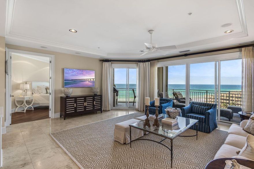 Previously featured in Coastal Living magazine, this west-end villa in the south tower of gated Grand Dunes boasts sweeping gulf views and the building's highly-coveted ''50 stack'' floor plan. Featuring four beds, four baths and 2,822 square feet of living space, this exquisite 5th-floor unit sits atop two floors of enclosed gated parking and is accessible to you via a private, coded, high-speed elevator that opens directly into your foyer. Well maintained by its current owners, enjoy a spacious living area with gulf views and a kitchen with new quartzite countertops and tile backsplash and a generous island with seating.