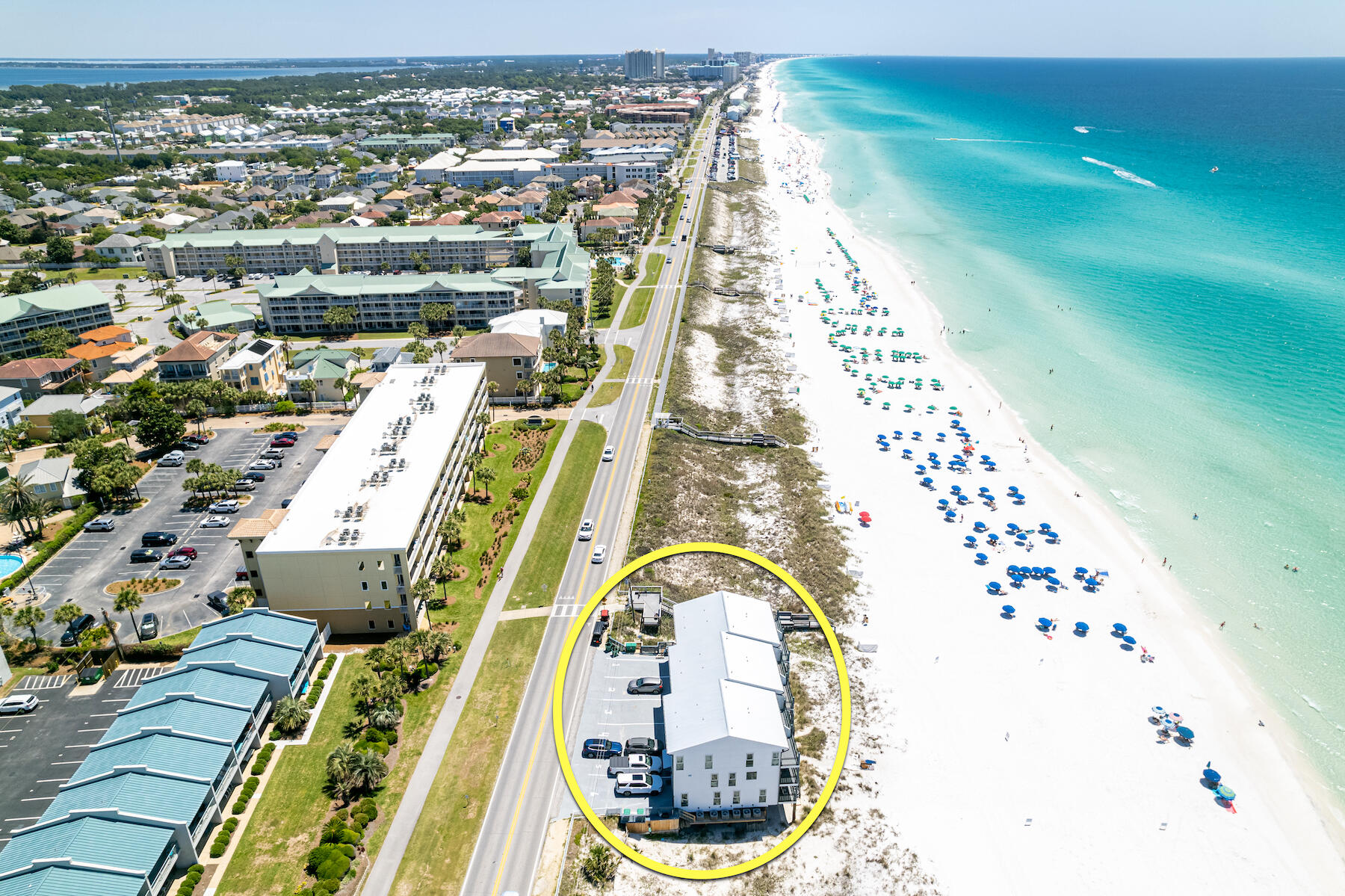 101' of PRIME Sugar-White, Beach-Frontage, which extends to the high mean water line of the spectacular Emerald Green waters of the Gulf of Mexico in the Frangista Beach area of Destin, Florida!  The offering presents a RARE opportunity to acquire (6) contiguous, FULLY renovated, income producing beachfront townhomes in the municipality of Miramar Beach!  Each unit has been thoughtfully renovated and designed with unique character.  The location is superb, with an abundance of commercial conveniences in proximity to the landmark site.  This opportunity involves ownership of the building in entirety, with an extraordinary expanse of beach-frontage for you and your guests to enjoy.  Please inquire for further details and to coordinate showings.