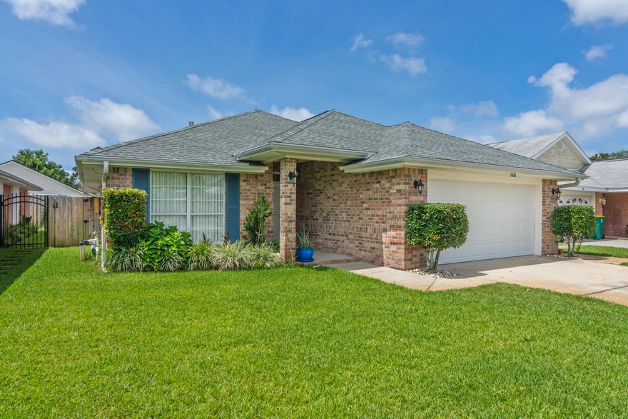 4 bedroom home in Emerald Village. Established neighborhood lined with sidewalks. Located just outside back gate to Hurlburt Field AFB. Wood plank tile and vaulted ceilings through out kitchen, living room, and dining area. Tile floors in bathrooms. Carpet in bedrooms.  Chef in the family will love the large eat-in kitchen completed with granite countertops, stainless steel appliances, tile backsplash, and pantry.  Split bedroom floor-plan. Master bath has double sink vanity with granite top and NEW tiled shower.  Interior laundry room. Double pane tilt-in windows throughout.  25k in solar panels included! Avg electric bill $20! Covered patio with fan. Privacy fenced yard. Termite bond paid through 8/2022.  Lawn treatment paid through 3/2022. Roof 2019. Garage door 2020.  Water heater 2019