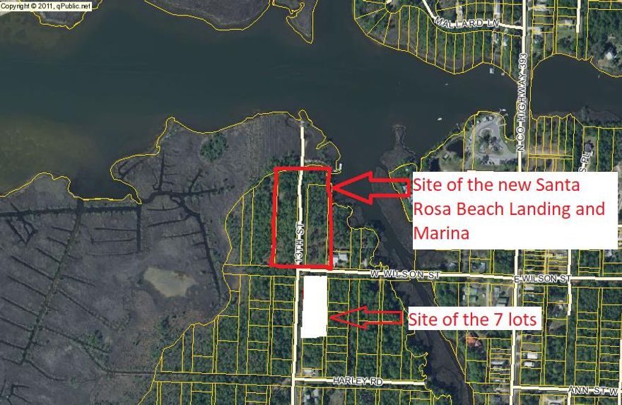 Great Buy for all 7 lots!! Located just minutes from the Beach and Publix shopping center and they have potential for Bay views. It was just announced, Sept 1st, that the County plans to build the HISTORIC SANTA ROSA BEACH LANDING and MARINA just down the street from these lots! See the pictures for a diagram of the proposed marina.