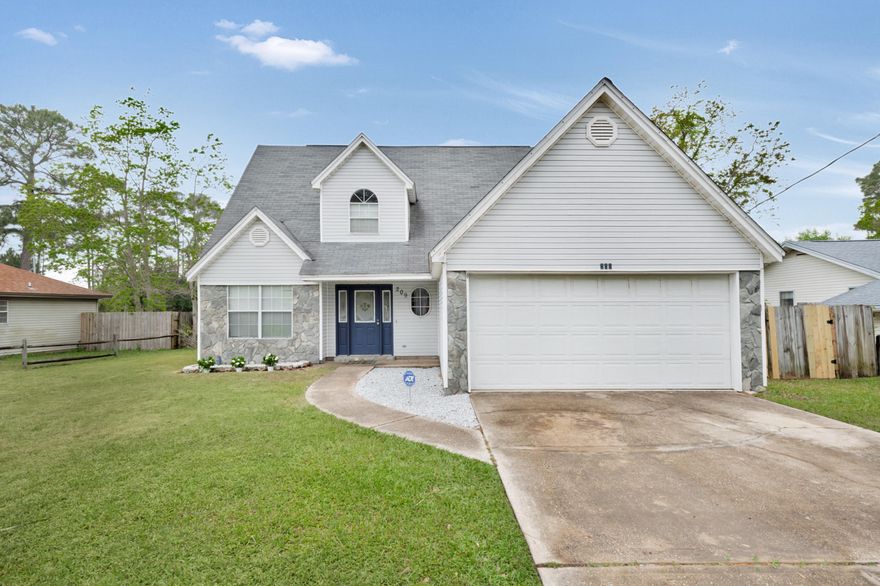 This is a cozy 3 bedroom, 2 bath home with BONUS room. Master bedroom is located on the first floor. Trey ceilings. Bath has double vanity, tub and separate shower. Second floor has 2 bedrooms and bath bonus/utility room. Living room has a beautiful stone fireplace and cathedral ceilings. Kitchen has ample cabinets and an eating area. Separate dining room. Hardwood floors in living areas. Half bath on the first floor. Fenced back yard with a deck. Storage shed included. Enough room for your pool! Minutes to beaches, schools, shopping, Hurlburt Field and much more.