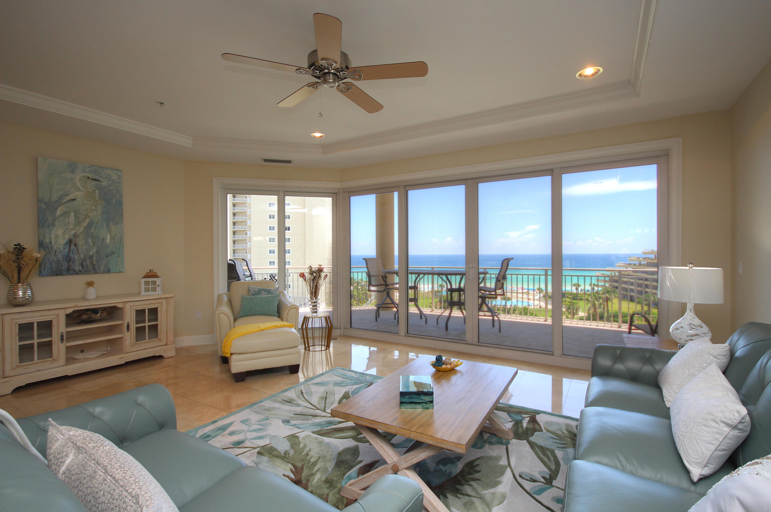 This magnificent 4BD/4BA West End Villa is located in the most desirable, gated and rental restricted complex in the Destin area and is being offered ''Fully Furnished''!! Located on the 4th floor, you have great views of the Gulf from this unit in the north tower. Features of this unit include: fresh paint from head to toe, newly honed, sealed and polished travertine flooring in the foyer, living areas, kitchen, hallways and baths, custom cabinetry with soft-close drawers, upgraded lighting fixtures, ''premium'' stainless steel appliances with 5 burner natural gas stove and icemaker. Each Grand Dunes unit offers an 11' deep balcony with over 350 sq.ft and a built-in natural gas stainless steel grill