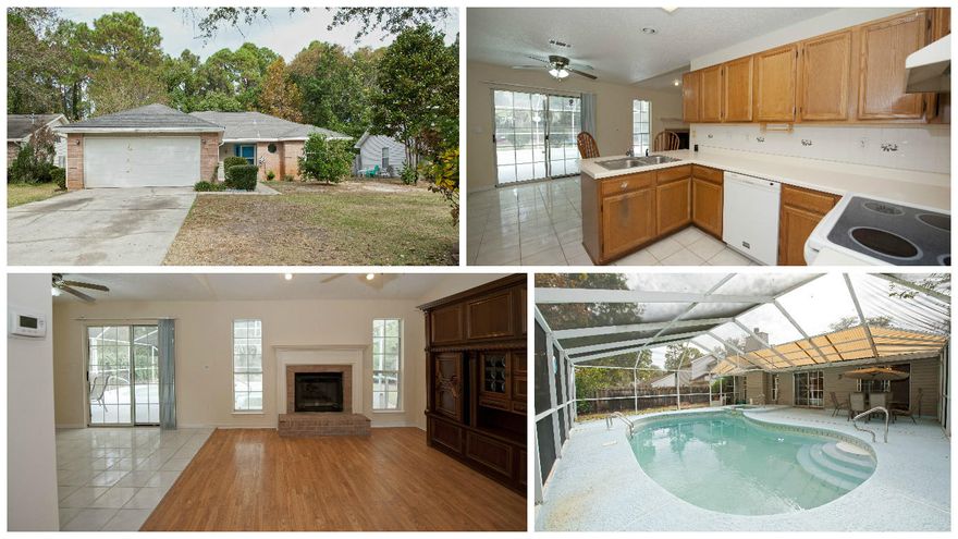 Cute BRICK and vinyl home in the heart of Niceville. 1319 sq ft, 3 bed/2 bath/2 car garage. The kitchen features eat-in dining area and breakfast bar. This time of year is perfect for cozying by the fireplace in the living room and enjoying a cup of hot chocolate. The master bathroom has two walk-in closets and a make-up vanity. The in-ground pool and spa is fully screened in but leaves plenty of room in the backyard for a swing set, or even a fire pit. Appliances included are the dishwasher, flat top stove, and side-by-side refrigerator, and seller will provide warranty. Fresh paint, outside pressure washed, A/C was replaced two years ago and the roof is less than 10 years old. Come take a look today, it won't last long!