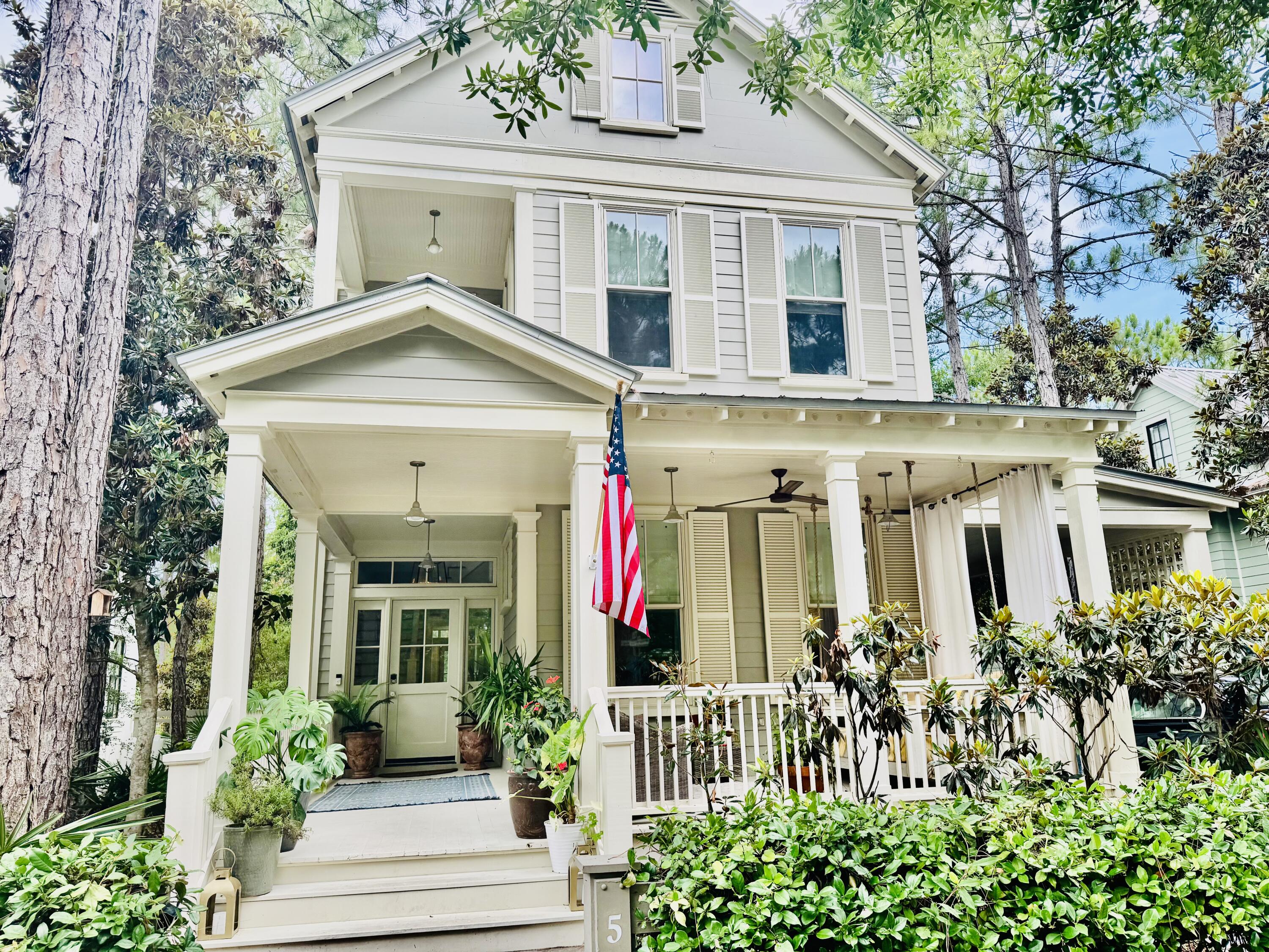 This charming updated Watercolor home was custom designed by Historical Concepts and features 3 large bedrooms with En Suite baths, an inviting open concept layout ideal for entertaining, an updated kitchen with Thermador Appliances. Wood flooring, Shiplap Walls & Crown Molding throughout and multiple covered porches. The OVERSIZED backyard is spacious enough to add a pool and carriage home. The Preserve area behind the home offers serene views from every window. are serene of the Preserve area behind the home. A side deck has a Summer Kitchen and is great for entertaining. Nearest to the very popular Camp Watercolor. Offered mostly furnished! Enjoy great amenities including the Watercolor Beach Club, multiple community pools,nature trails & easy access to Western Lake, Seaside & all of 3