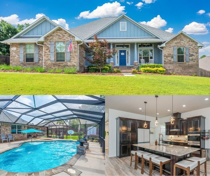 Welcome to the dream home you didn't know you needed-thoughtfully designed and curated for the homeowner that works hard & plays hard!  The commanding 3 car garage property sits high and has beautiful sunset views from the expansive covered front porch. The wide foyer is flanked on either side by a formal dining room and dedicated office space, furnished w/built-in shelving.Welcoming living room features an electric fireplace w/mounted 85' TV, Bose surround sound system, and LED Wooden Worldmap.The kitchen is a high-end culinary delight:full size double convection ovens AND microwave convection oven, gas cooktop w/20,000 BTU center burner, pot filler, undermount single basin sink, 6 seater enlarged island, dedicated coffee station w/beverage fridge, walk-in pantry.Your in-house movie thea Your in-house movie theatre overlooks the luxury pool retreat w/extensive amenity list: fully enclosed pool/patio area for endless entertaining opportunities, one of a kind custom designed sunset/sunrise firebowls, pergola covered grilling area (gas plumbed), extended concrete pad AND putting green which (get this!) is measured out for cornhole board placement. Raised playround area, backyard drainage system, palm trees and shed w/electrical complete this tropical escape. Keep your electric bills LOW with paid off solar panels, strategically placed on the rear of the property as to not detract from the aesthetic curb appeal of this beauty. Feel like channeling your inner Tony Stark? Too easy with this *Smart* property, complete with dimmable Lutron lighting, Nest cameras/lights/thermostat, motion sensor lighting. There is no reason to leave home when 305 Vale Loop is your address, but when you do-you are a short drive to our fantastic military bases and beautiful white sandy beaches of the Emerald Coast! Custom touches throughout-Please inquire w/your agent for full list of property features and updates.