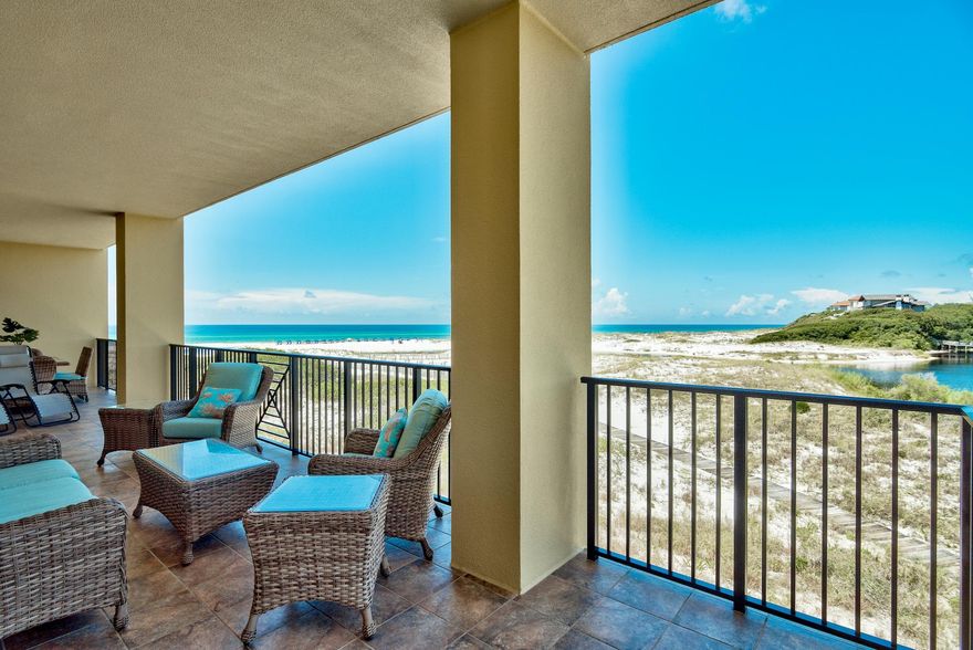 Glorious and Rare Gulf Front and Lake Front views from the balcony of this unit...what a rare find on Highway 30A!! This 4003 square foot home at Sanctuary by the Sea has five bedrooms, four & one half baths, and 460 sq ft of balcony. This unique floor plan offers two luxurious gulf front master bedroom suites with entrance onto the balcony. No feature is overlooked in this beautiful condominium residence. The home is fully furnished and provides great access to the gulf-side pool, Redfish Lake, and two dune walkovers. Call today to schedule your private appointment to view this lovely condo!