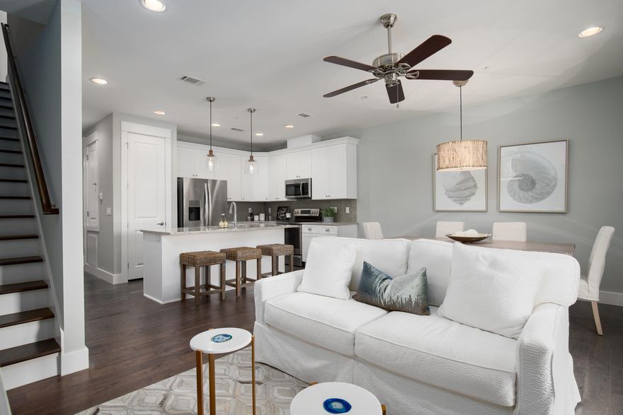 Brand new construction with single car garages located directly on Scenic Highway 30A in popular Seagrove Beach. The Heron Plan is a spacious three-story residence with over 2,300 square feet, four bedrooms and three and a half bathrooms. The first story includes a beautiful foyer and a master suite with a private patio. A spacious open-concept living and dining area leading to a large 19'x10' covered porch, a fully equipped kitchen with an island and an additional master suite are located on the second story. Two guest rooms with a shared bathroom and a generous multi-purpose room complete the third story.