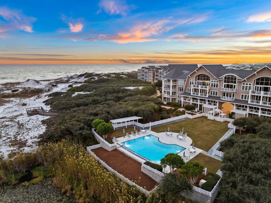 Overlooking the emerald waters of 30A and listed well below appraised value, welcome to Compass Point, a luxury waterfront condo in the heart of Watersound Beach. This two-story condo, designed by Graham Gund, was recently remodeled with Viking & Liebherr appliances, polished marble, refinished cabinets, a new water heater, and more. The first floor includes a spacious primary suite with screened porch, garden tub, garage (unique to this unit), office, and bunks. Upstairs, enjoy a gourmet kitchen, wet bar, and covered porch with stunning Gulf & dune views. Designer furnishings and golf cart included. Located between Deer Lake State Park and Camp Creek Lake, walk to the St. Joe Beach Club or drive 1.8 mi to Camp Creek Golf. Enjoy deeded beach access, 2 community pools, and more. Show now!